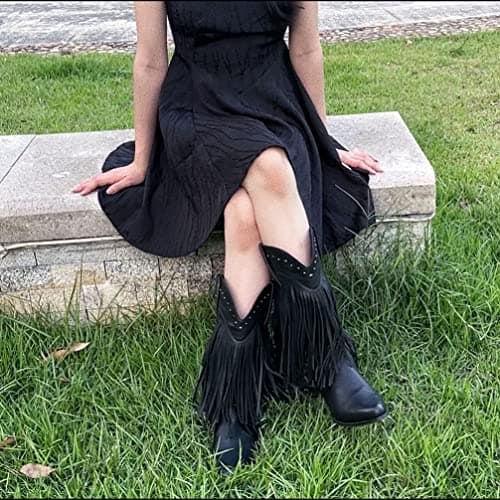 SheSole Black Women's Fringe Western Riding Boots Wide Calf Cowgirl