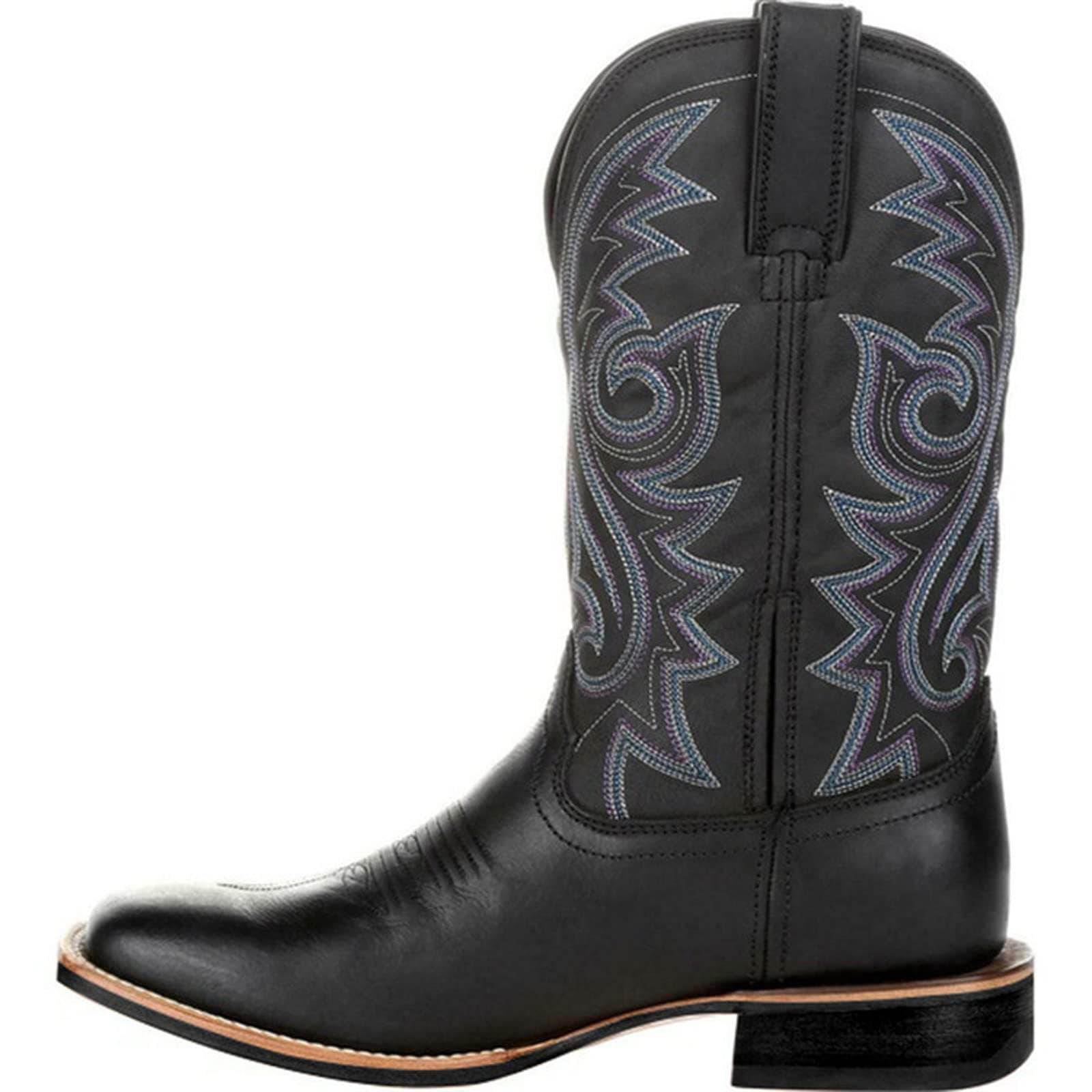 Cakiesky Men's Retro Wide-head Western Cowboy Thick Leather Boots