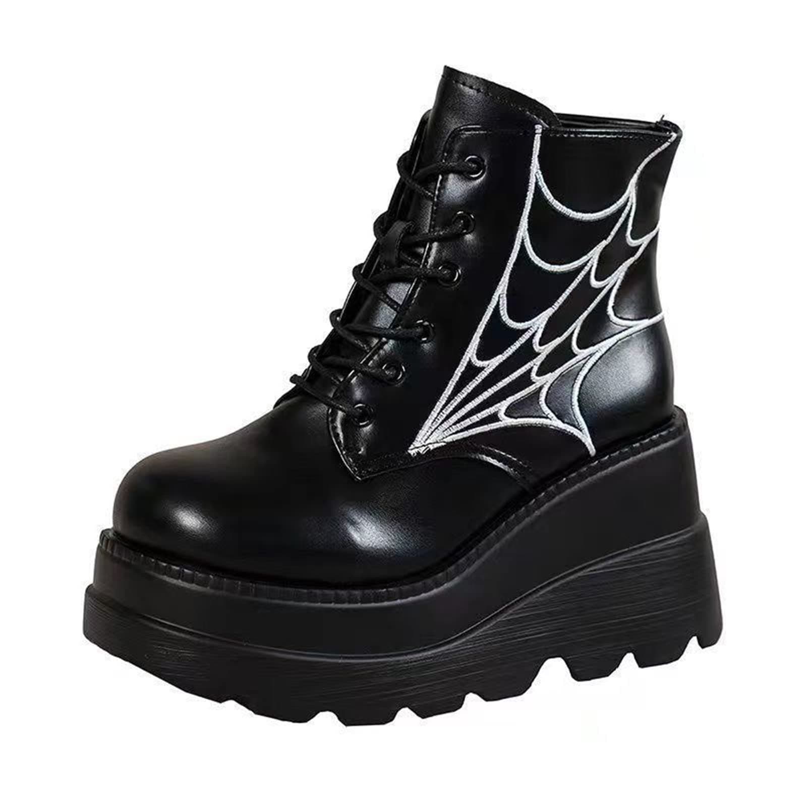 Women's Black Holographic Combat Chunky Heel Ankle Boots for Goth Style