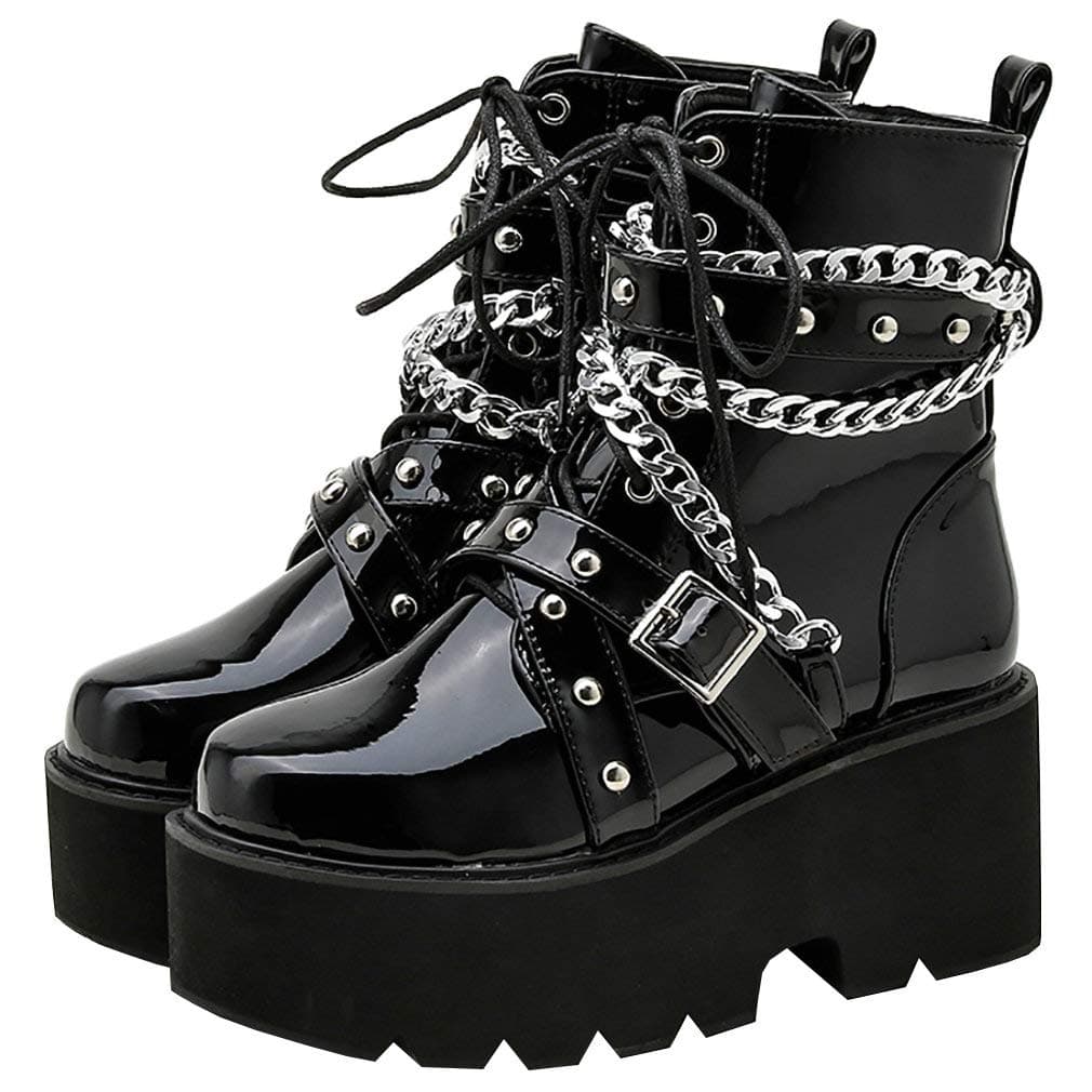 Goth Women's Platform Ankle Boots with Chunky High Heel and Lace Up Detail