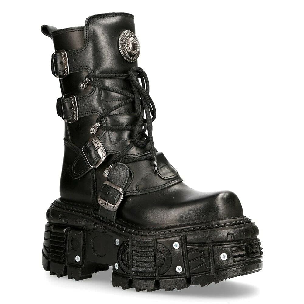 New Rock Black Leather Unisex Combat Platform Biker Goth Shoes Tank373-S1