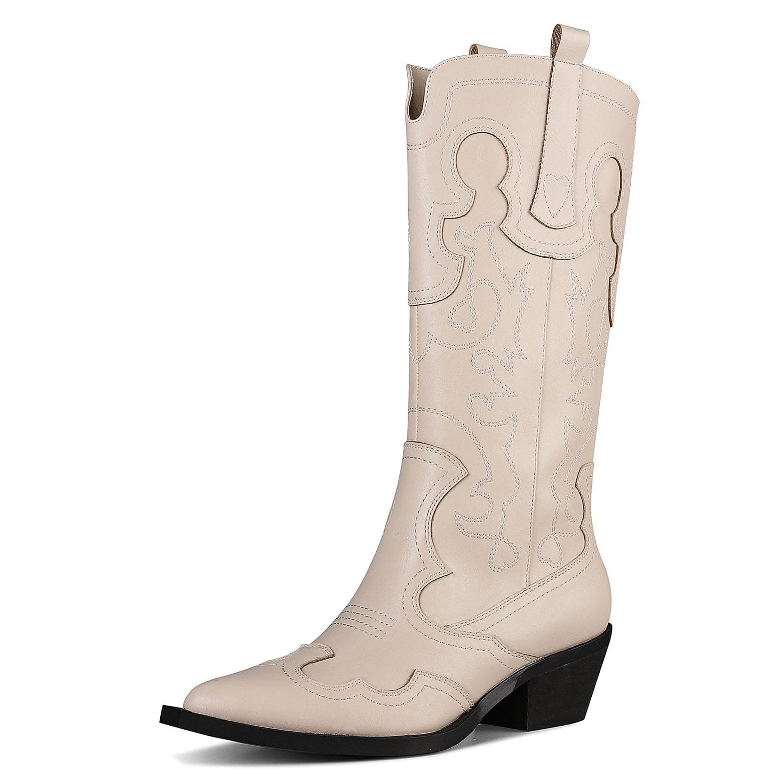 Mikarka Women's Two-Tone Embroidered Cowboy Boots with Chunky Heel