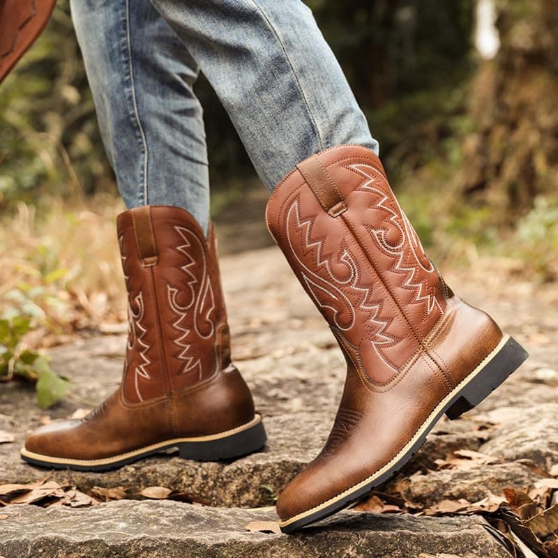 LISHAN Men's Western Cowboy Mid Calf Boots with Embroidery