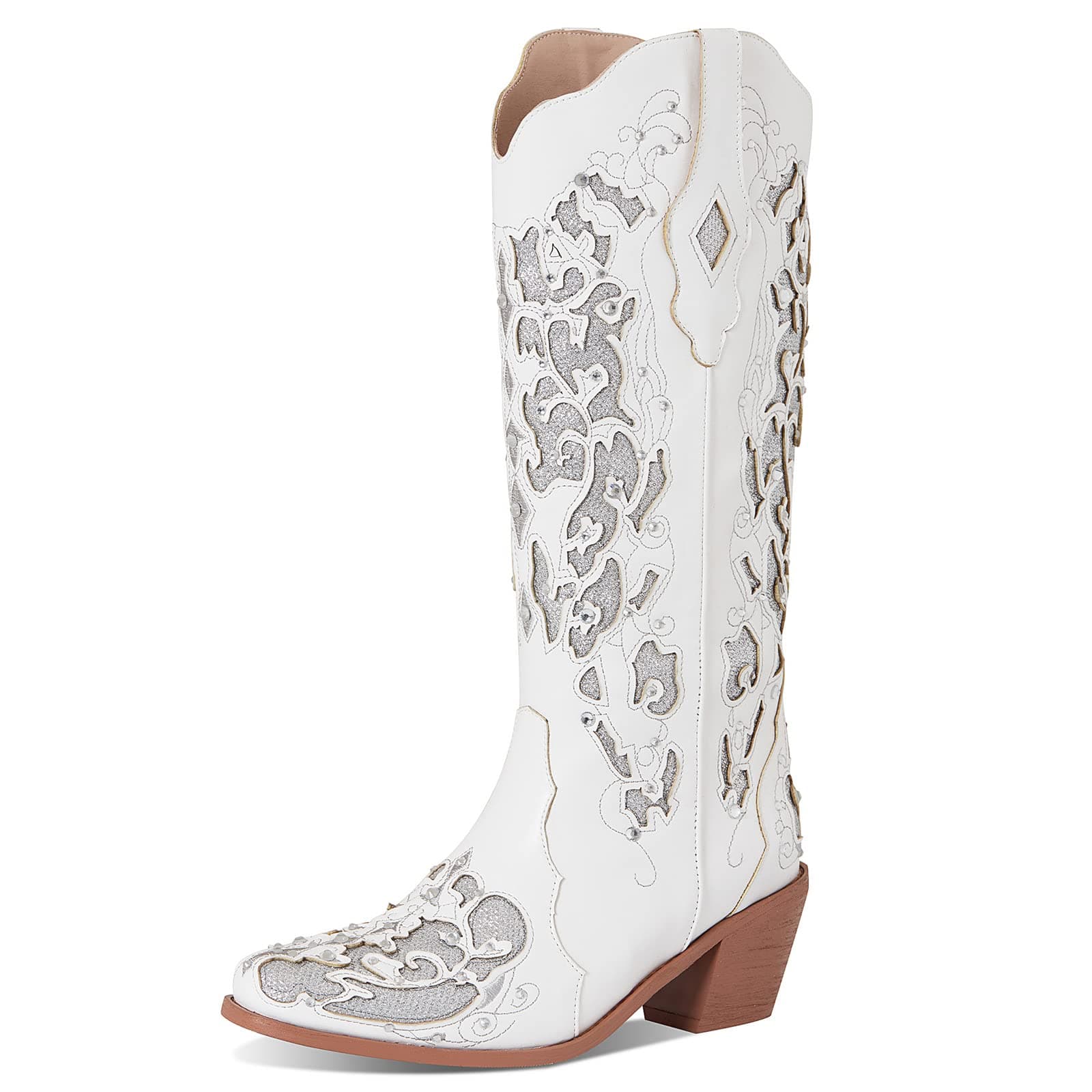 Glitter Cowboy Boots for Women: Mid-Heel Rhinestone Embroidered Mid-Calf Bridal Boots