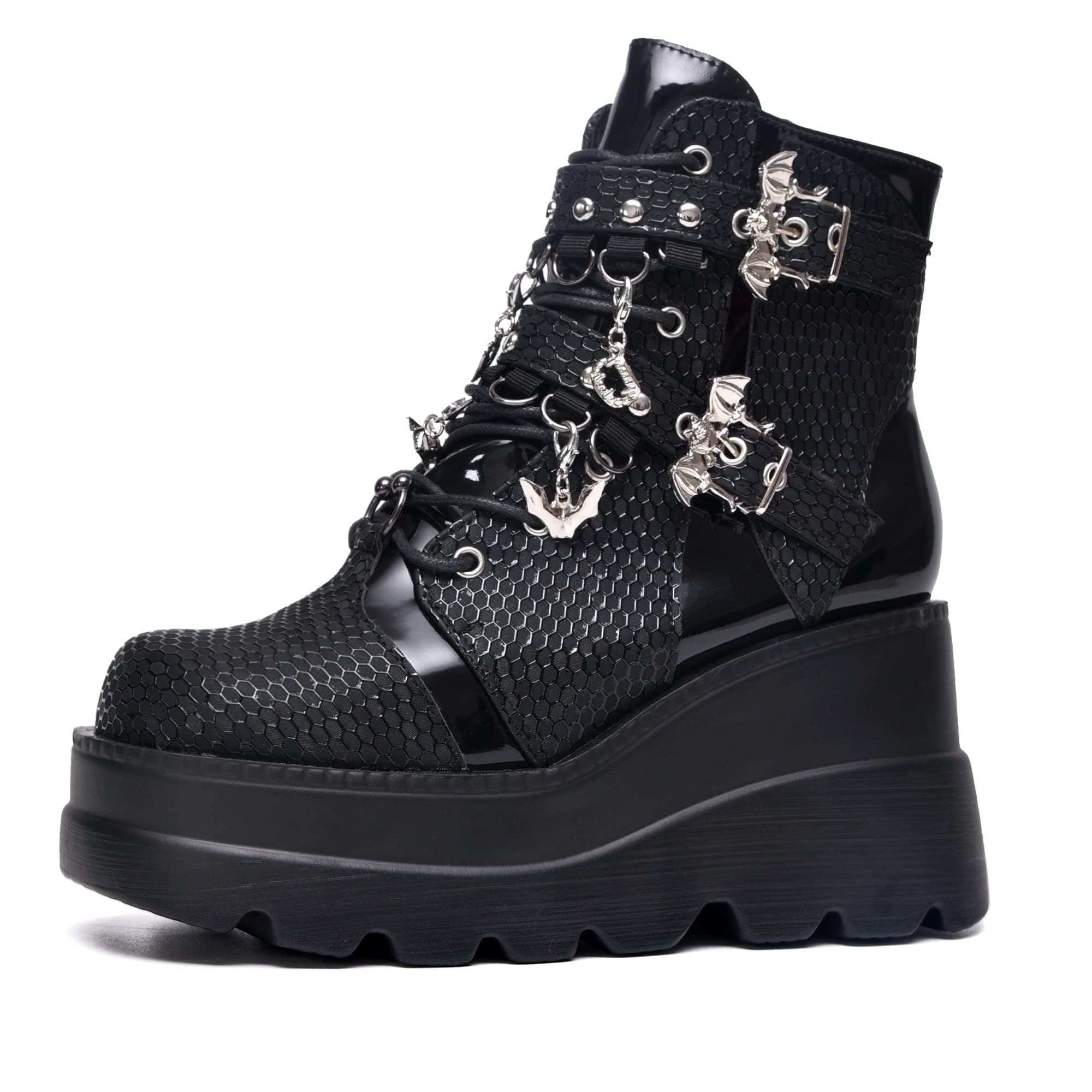 Gothniero Women's Black Holographic Combat Ankle Boots with Chunky Heel and Side Zip (US 5.5-11)