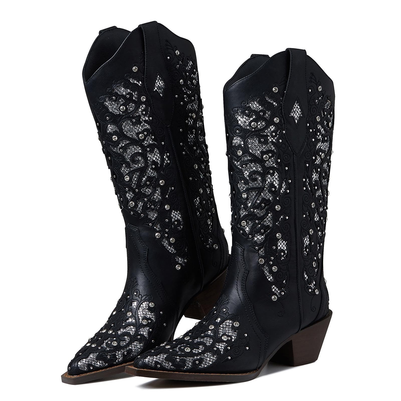 Mikarka Women's Glitter Cowgirl Boots - Embroidered Rhinestone Mid-Knee High Western Boots