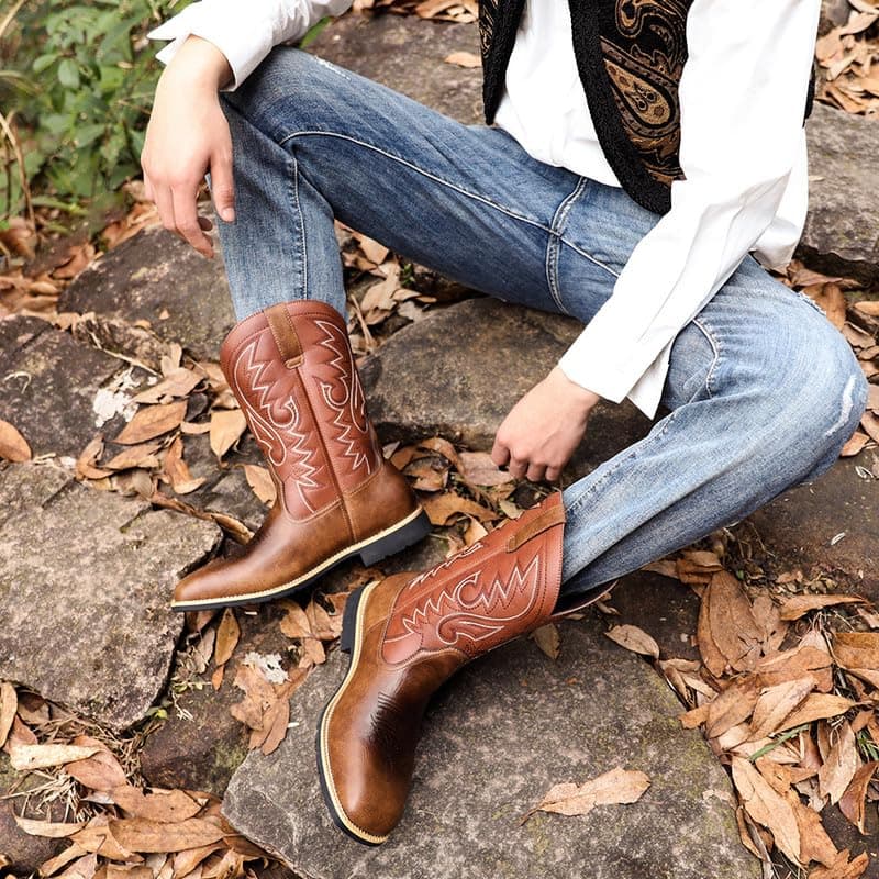 LISHAN Men's Western Cowboy Mid Calf Boots with Embroidery
