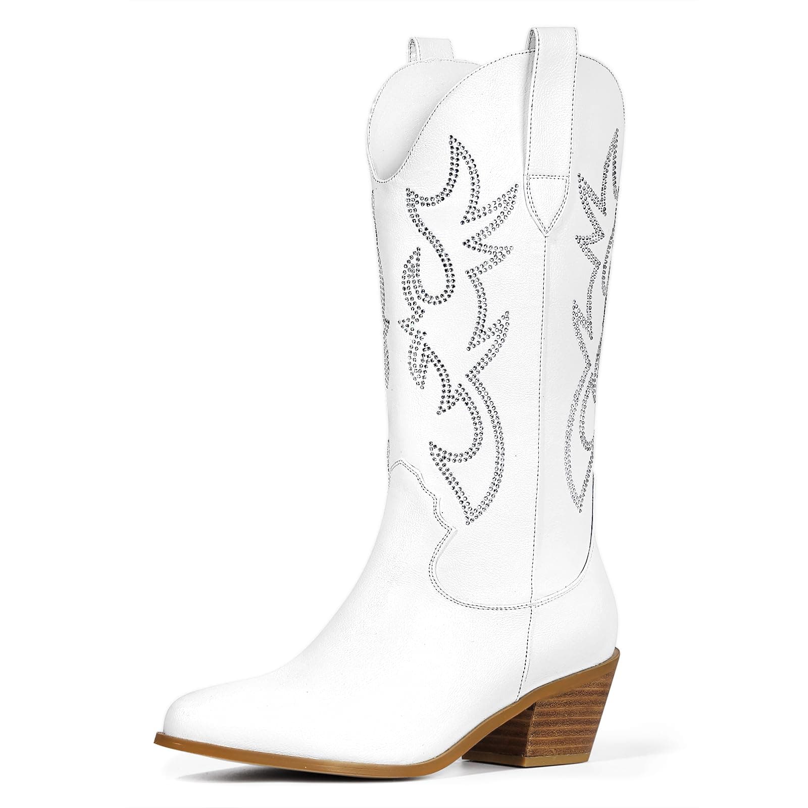Ouepiano Women's Western Cowgirl Embroidered Boots, Mid Calf Pointed Toe Chunky Heel Pull-On Boots for Ladies