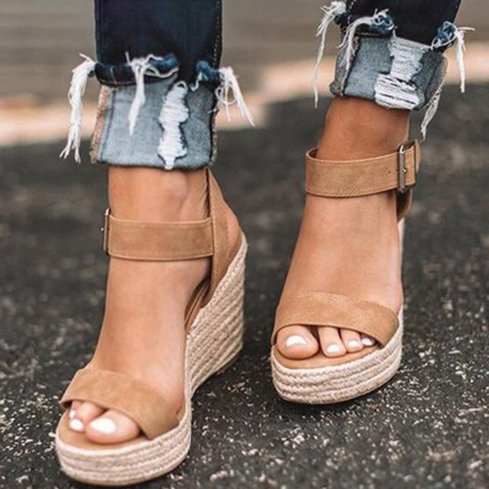 Fululuer Wide Width Espadrille Sandals for Women (I-Brown, 8.5)