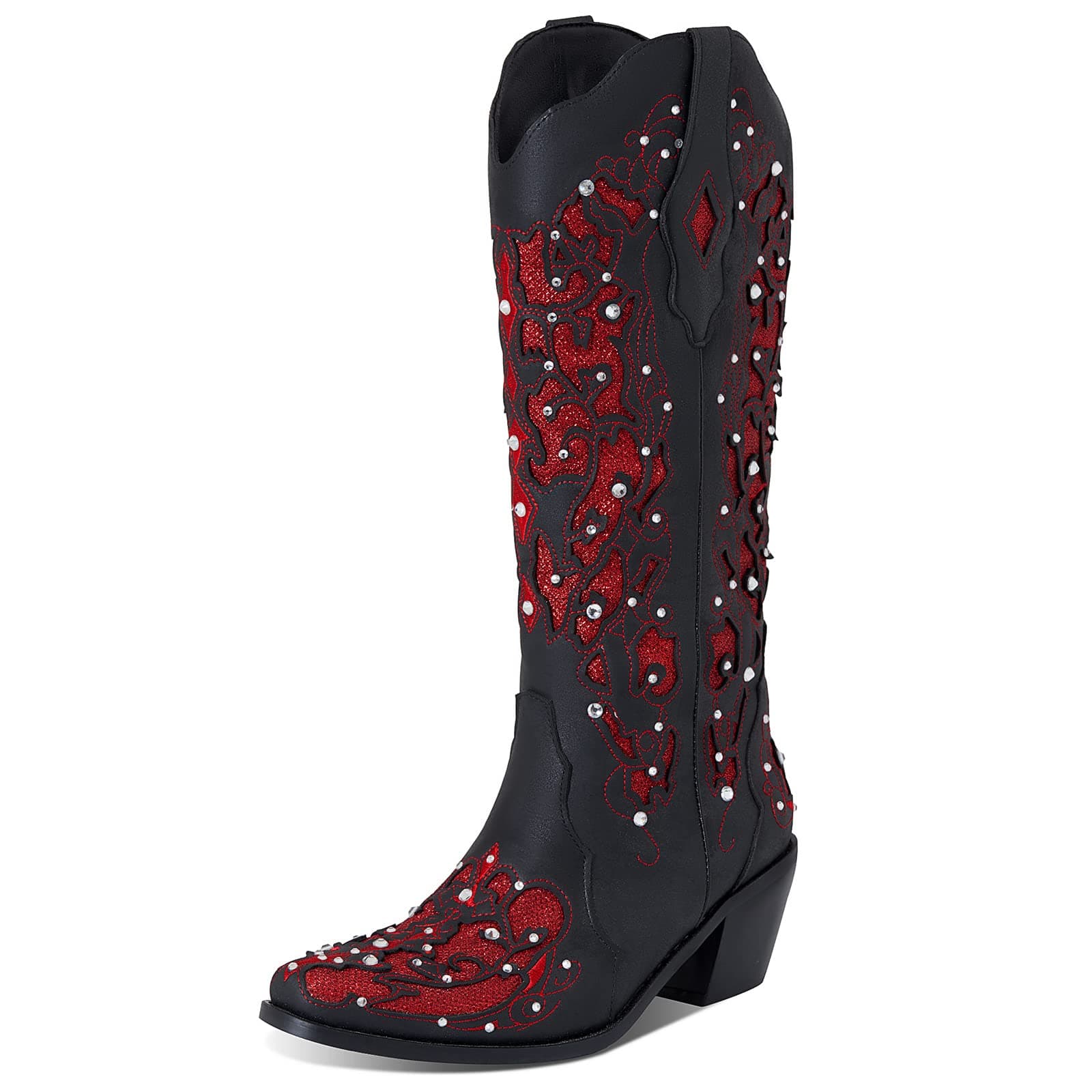 Glitter Cowboy Boots for Women Mid-Heeled Cowgirl Boots