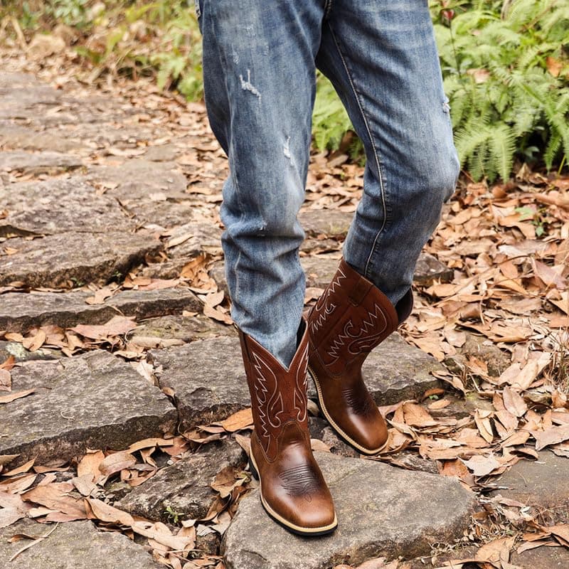 LISHAN Men's Western Cowboy Mid Calf Boots with Embroidery