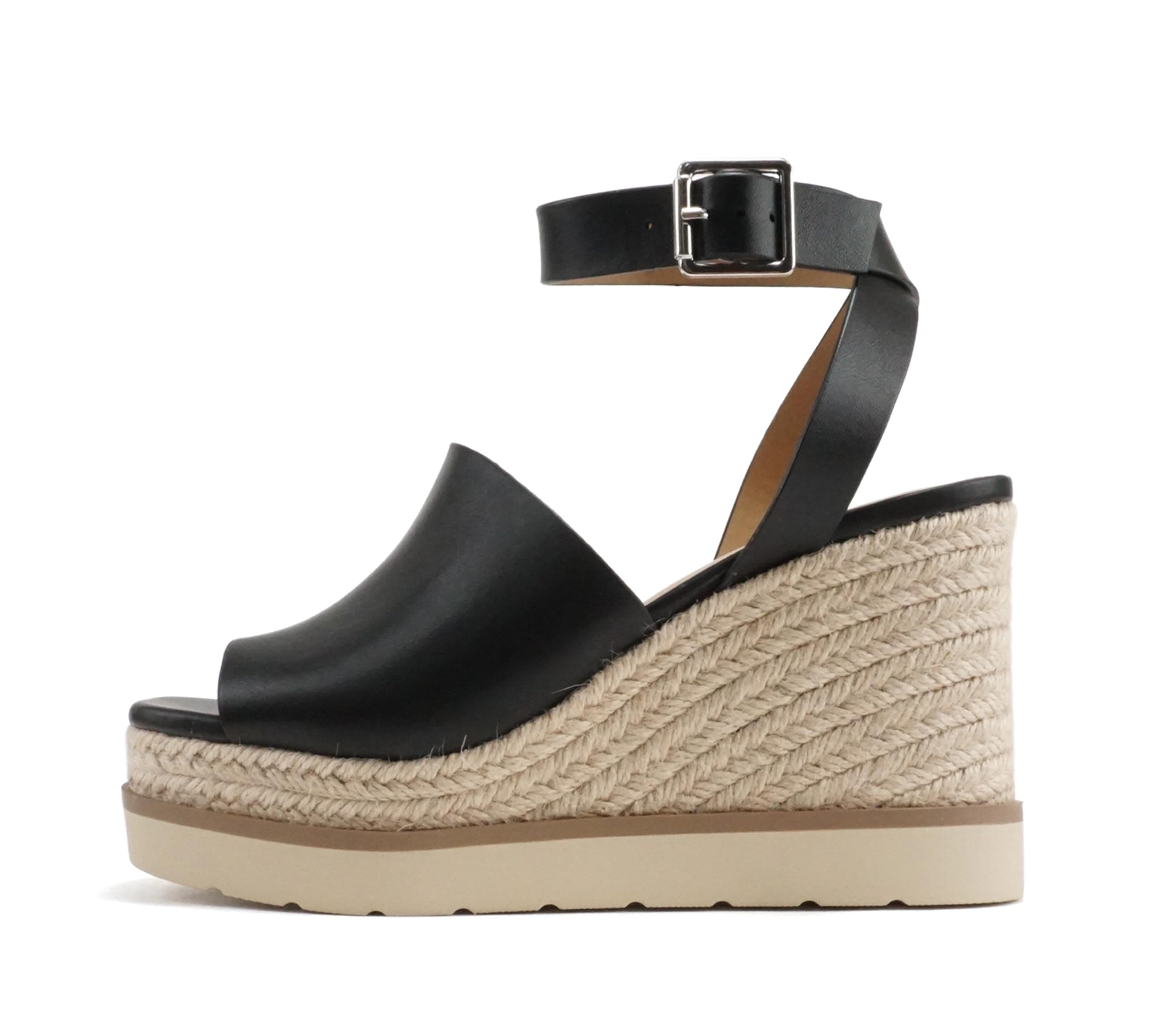 Stella Women's Square Peep Toe Platform Espadrille Wedge Sandals with Ankle Strap