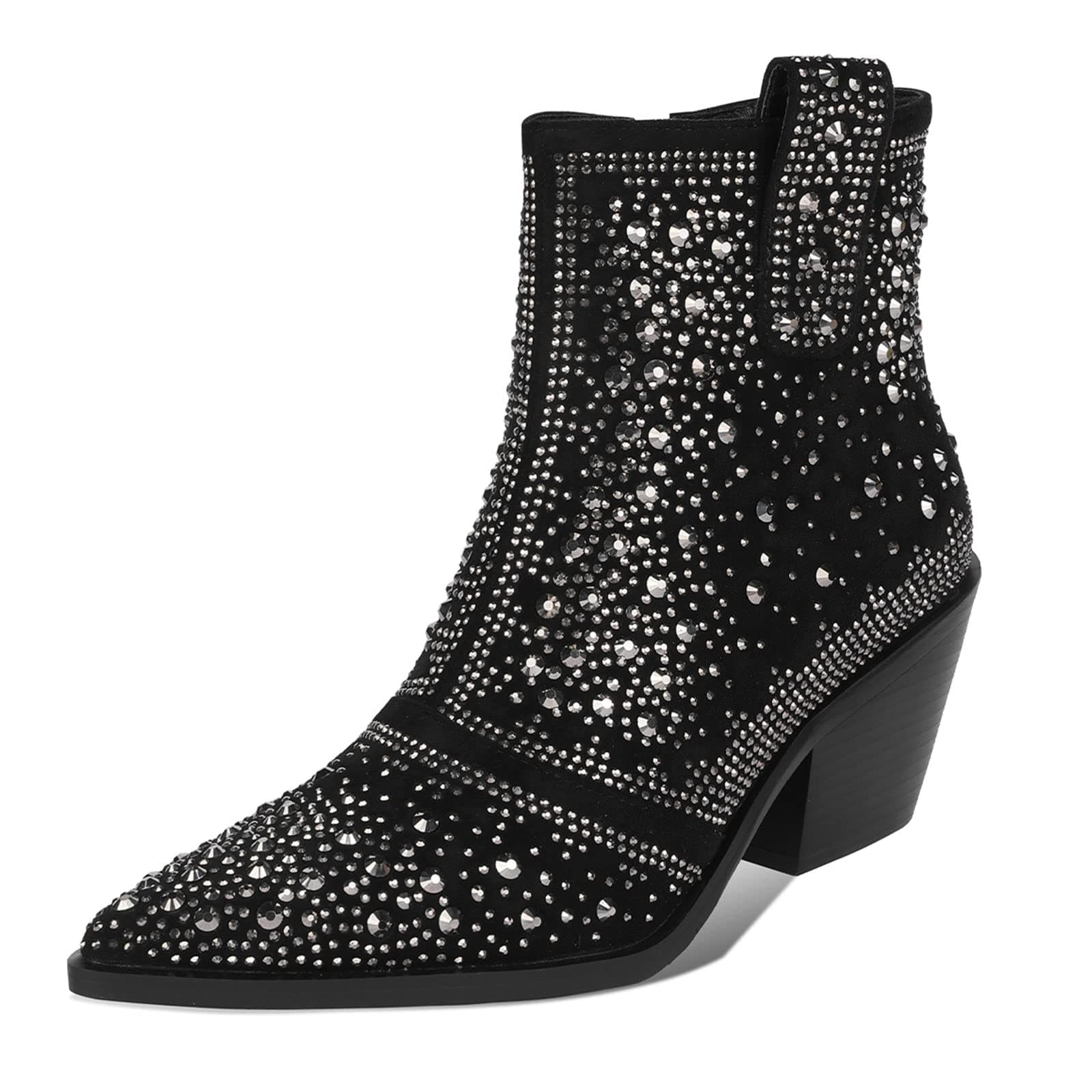 Sparkly Rhinestone Cowboy Ankle Boots with Pointed Toe and Chunky Heel by ISNOM