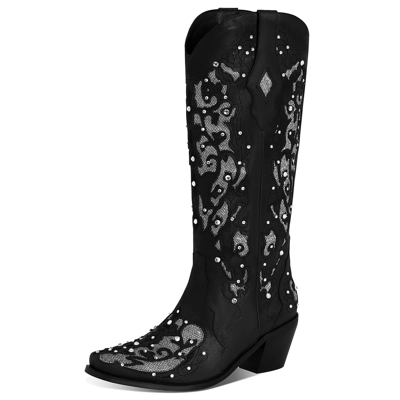 Glitter Mid-Heel Cowgirl Boots for Women with Rhinestones and Embroidery