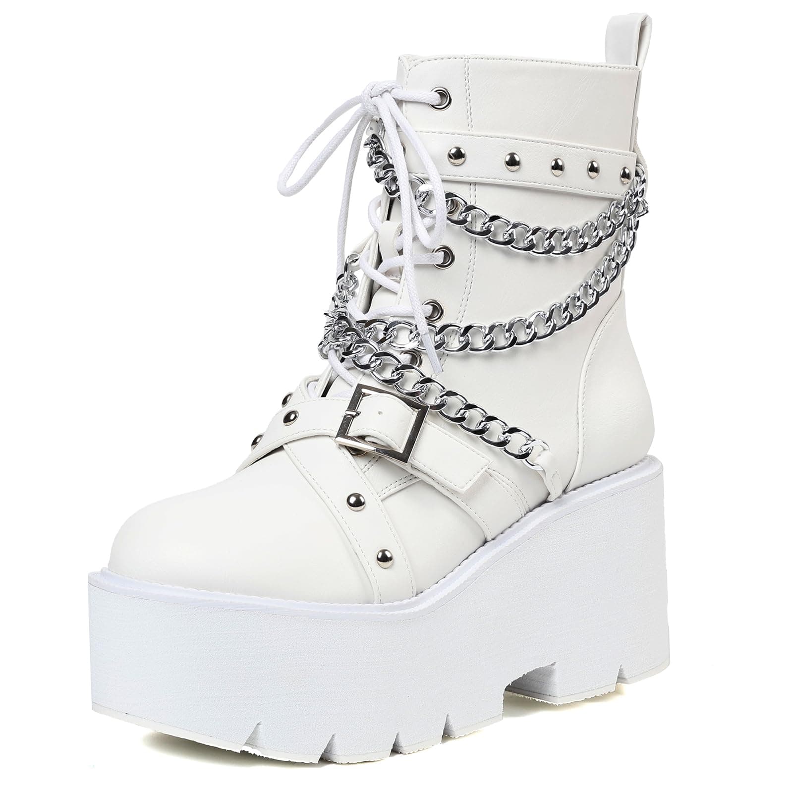 Mikarka Women's Black Chunky Heel Lace-Up Platform Combat Boots