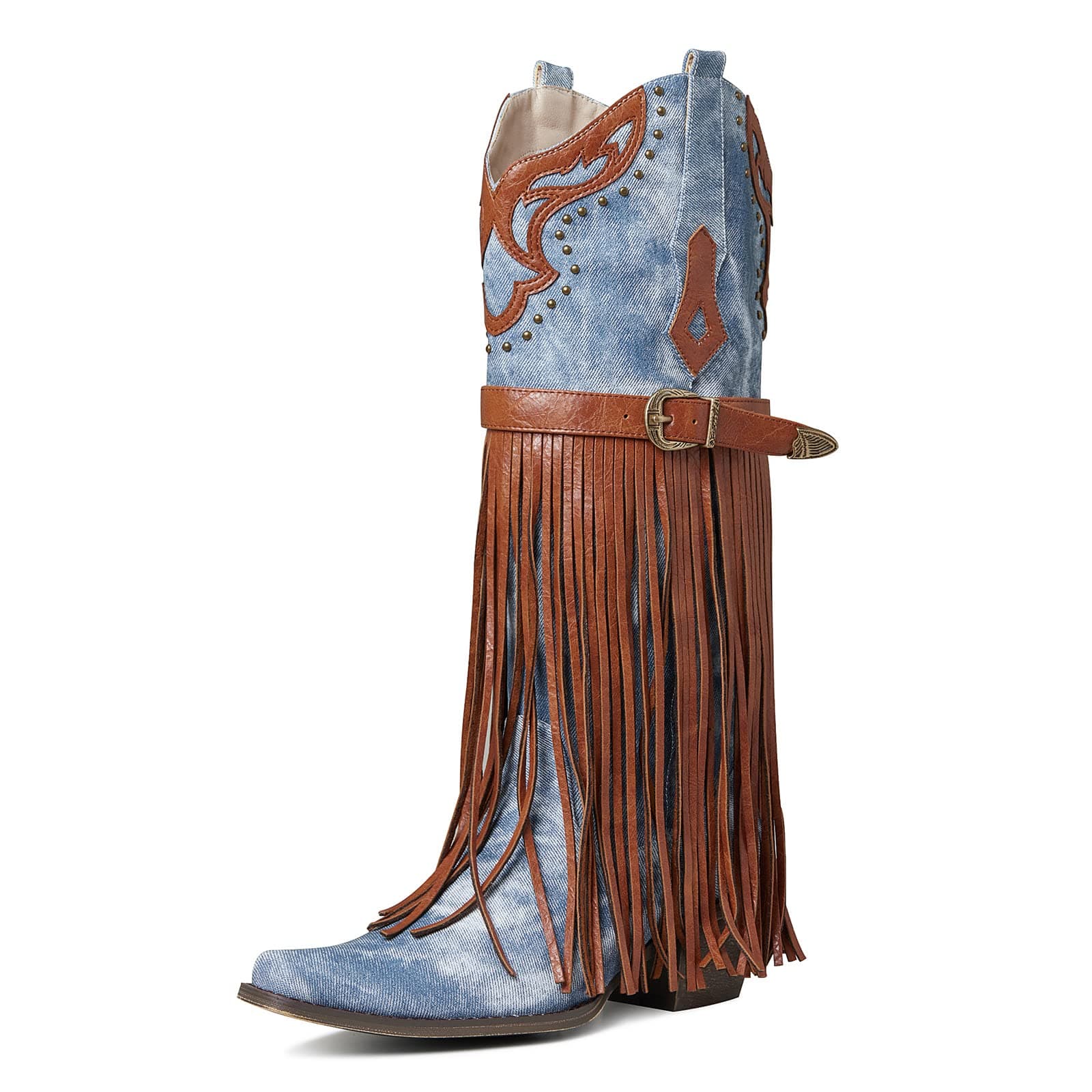 SaraIris Women's Fashion Pointed Toechunky Heel Embroidered Fringe Mid Calf Booties