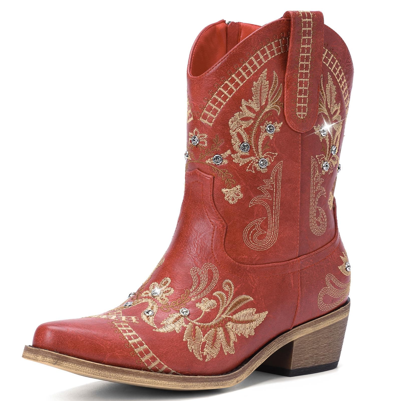 RivalranWestern Embroidered Cowgirl Boots with Sparkly Rhinestones