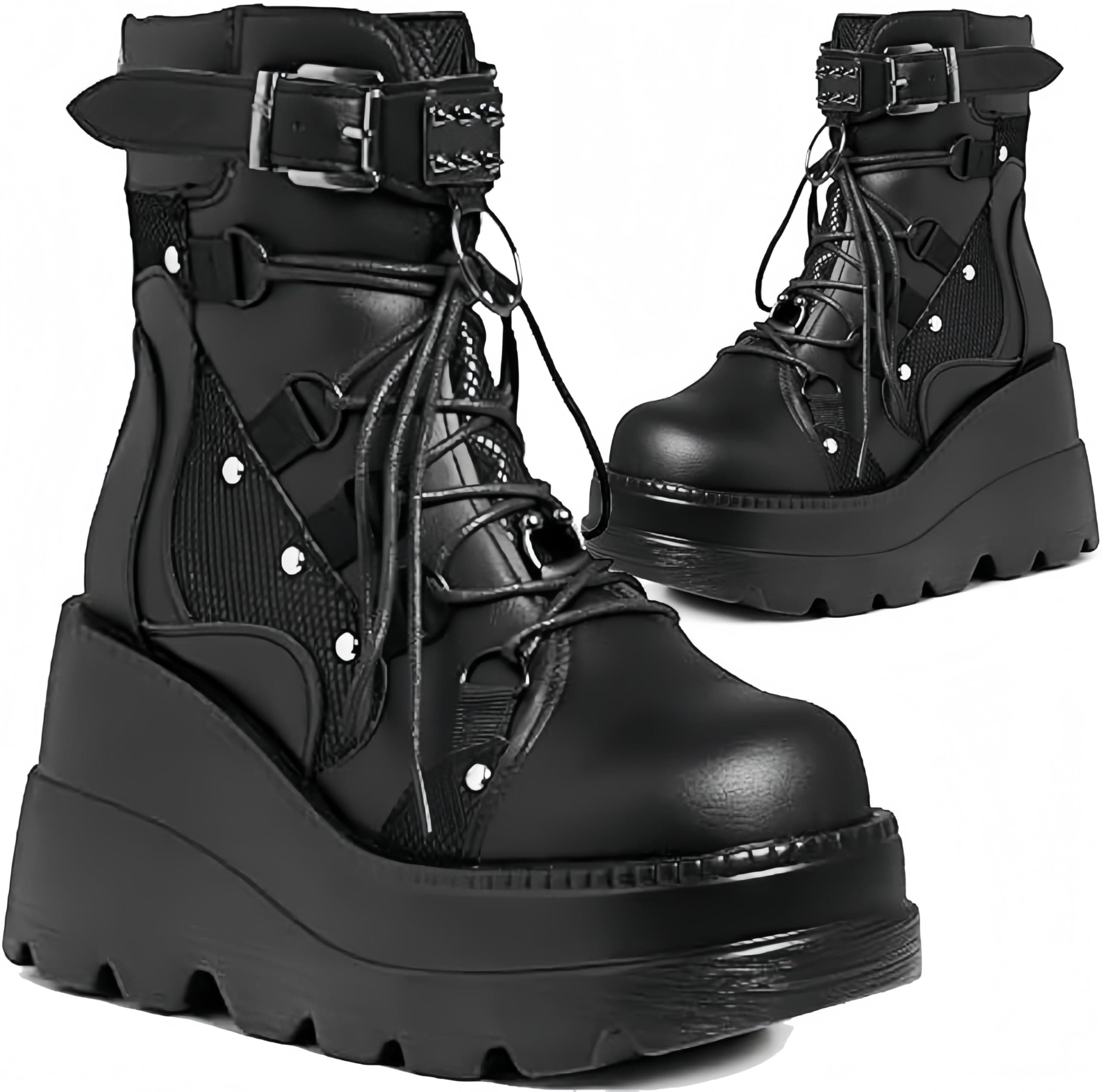 MACVISE Womens Gothy Platform Boots Chunky Heel Booties for Women Round Toe Combat Ankle Boots Lace Up Motorcycle Wedges Shoes
