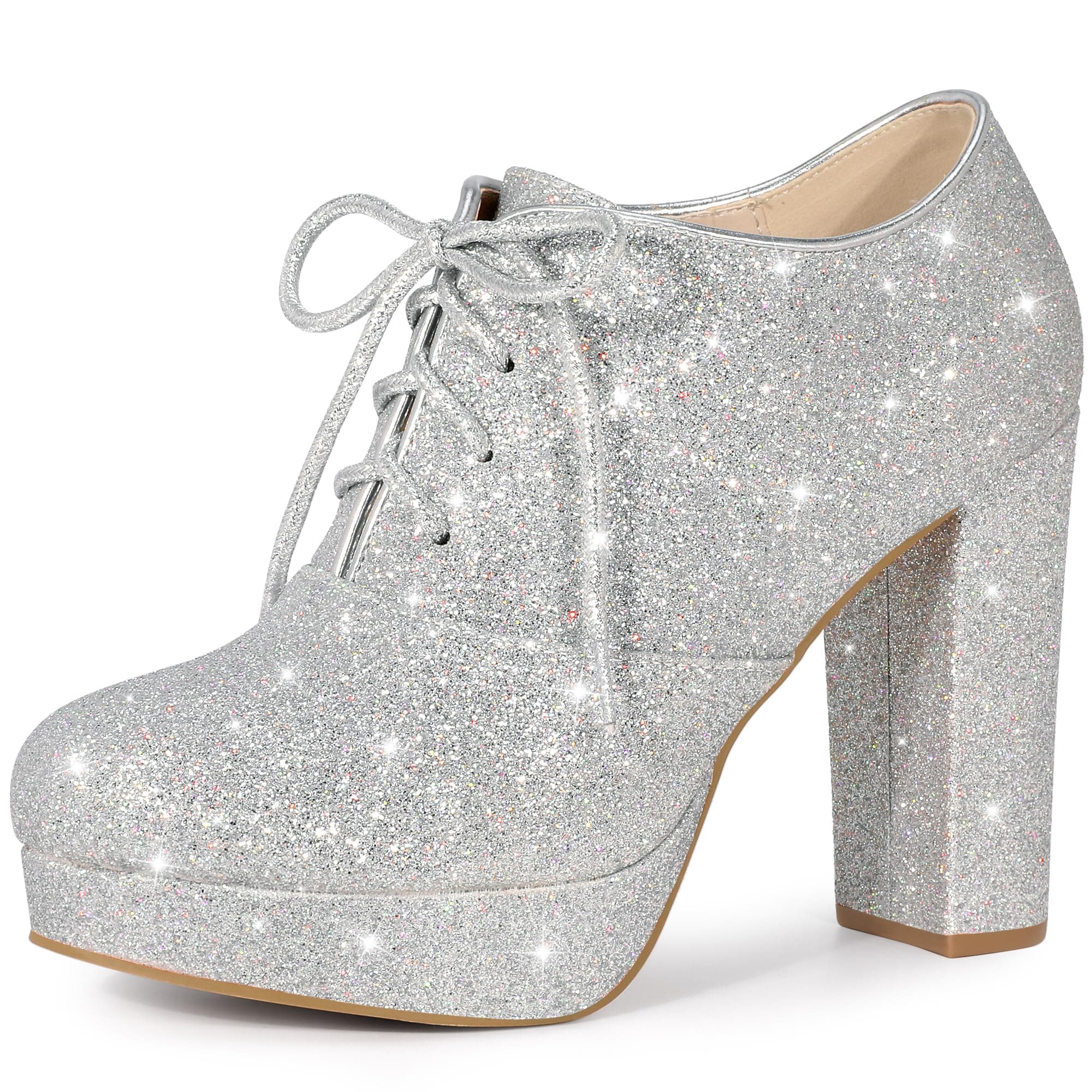 Perphy Glitter Chunky Heel Lace-Up Booties for Women
