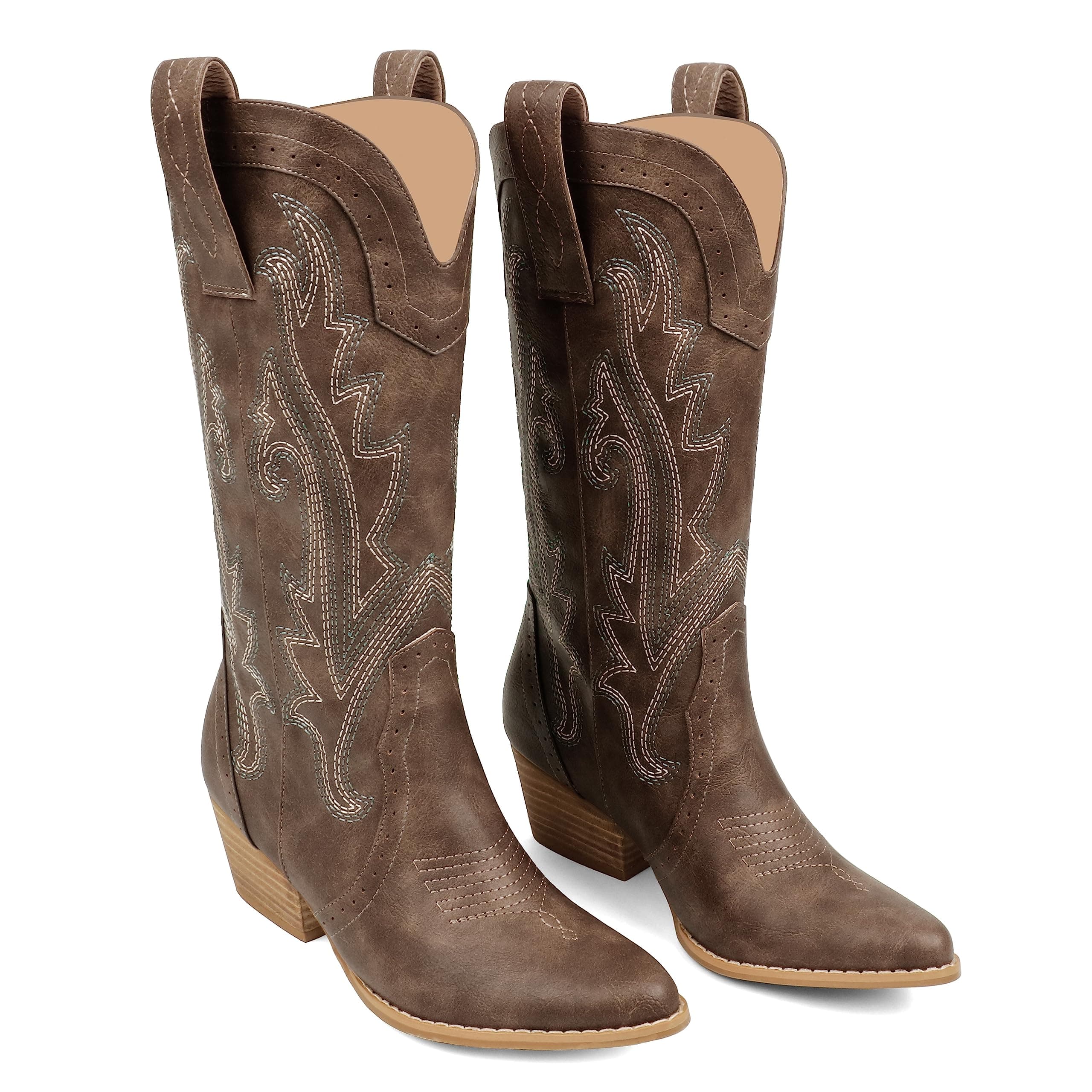 Zzheels Women's Mid-calf Embroidered Cowboy Boots Chunky Heels
