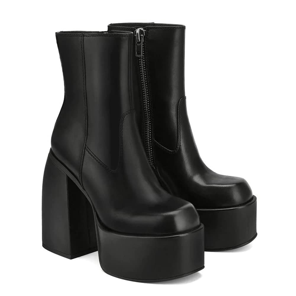 Women's Chunky High Heel Ankle Boots - Pu Leather Square Toe Zipper Platform Boots