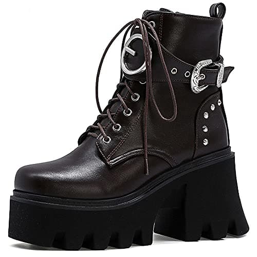 Mikarka Zipper Studded Goth Platform Combat Ankle Boots for Women Mid Chunky Block Heel Motorcyclist Boots