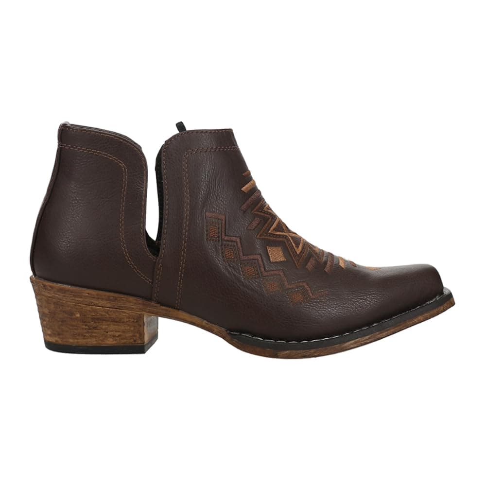 Roper Womens Ava Brown Embroidered Snip Toe Casual Boot - Low Heel 1-2"