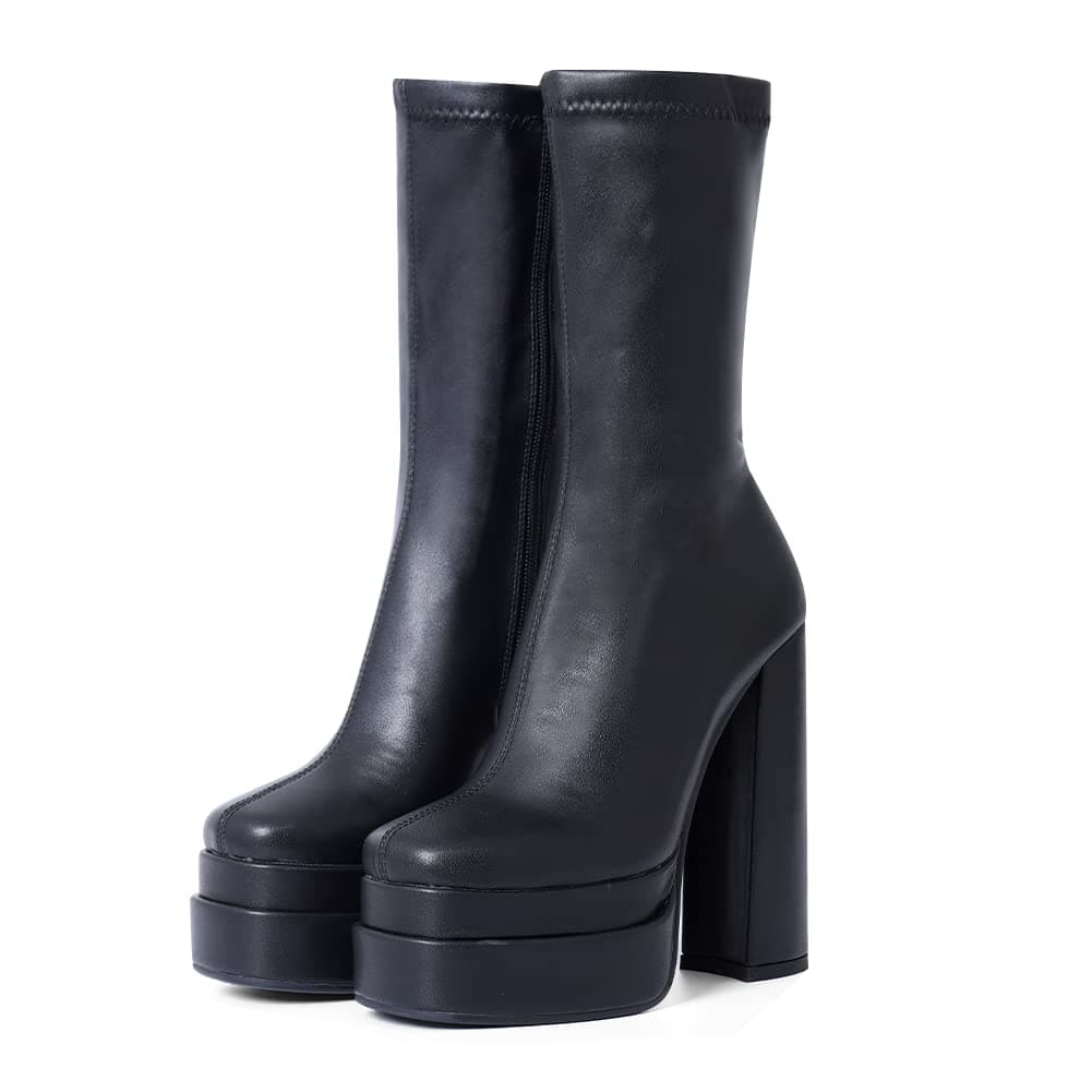 VOMIRA Women's Black Platform Zip Go Go Boots with Square Toe Heel