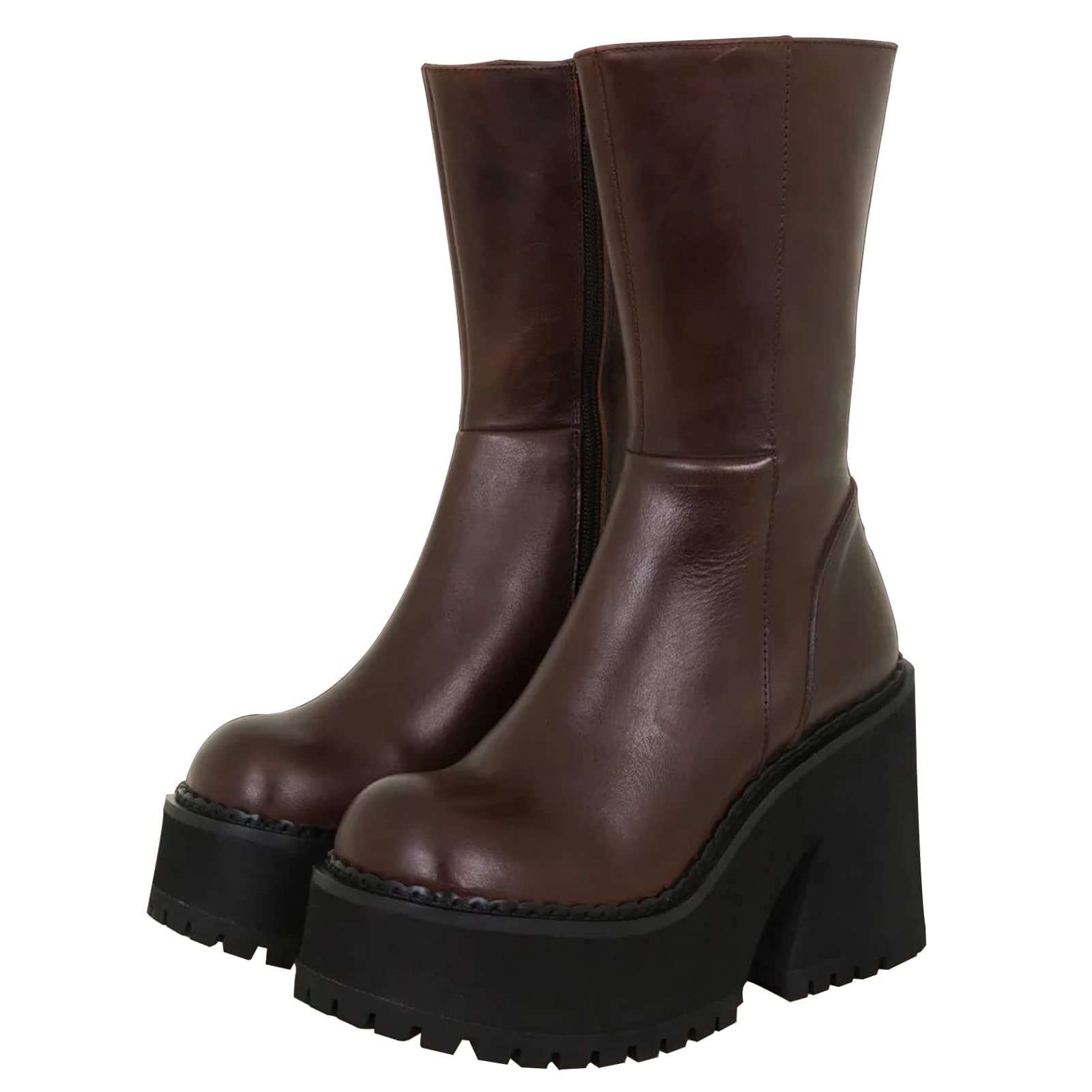 Aminugal Women's Chunky Heel Punk Motorcycle Boots Mid Calf Zippered