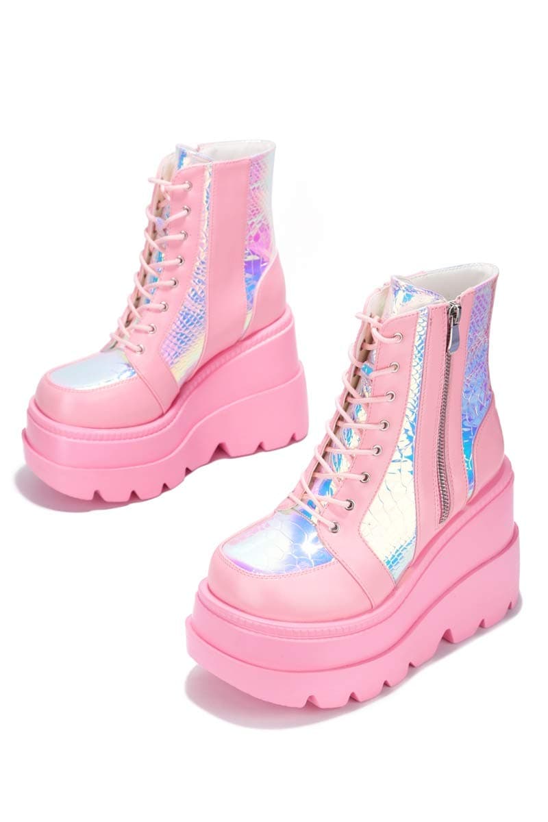 Pink Holographic Platform Ankle Boots for Women - Size 9