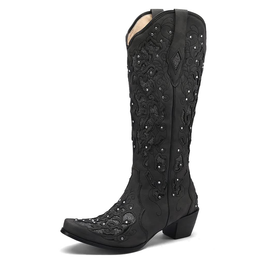 SaraIris Black Cowgirl Knee High Boots for Women
