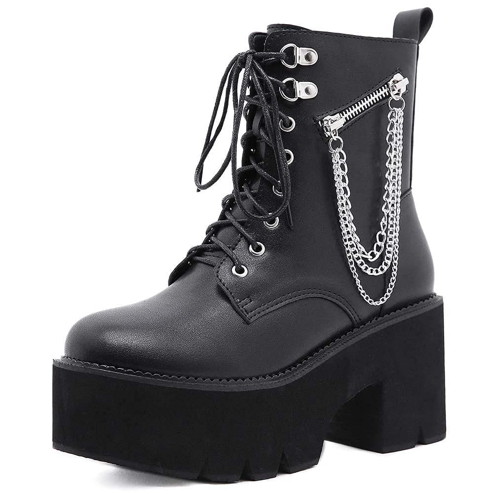 Mikarka Women's Studded Chain Ankle Boots - Chunky Heel Combat Booties