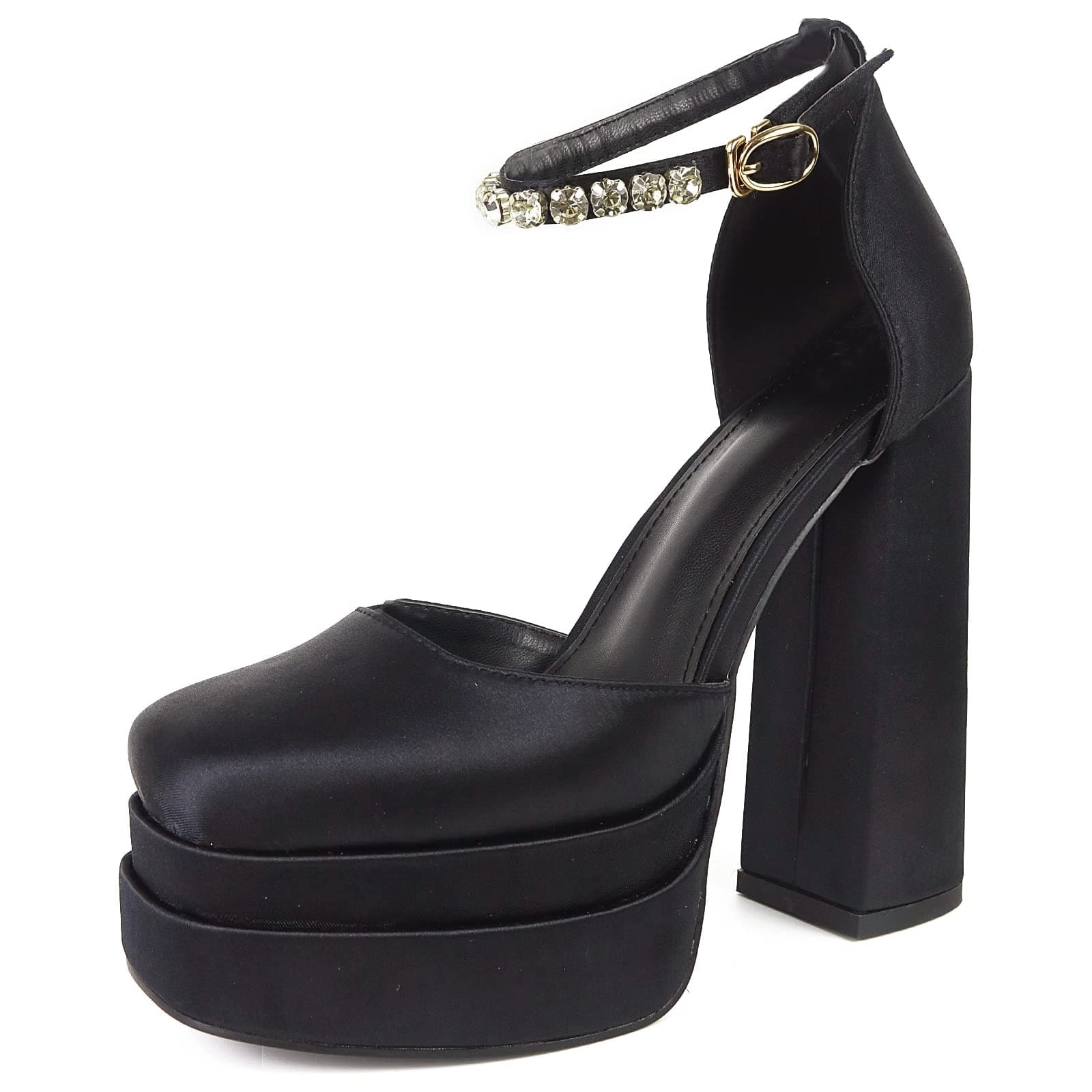 Mikarka Silk Satin Stacked Platform Rhinestone Heels for Party & Wedding