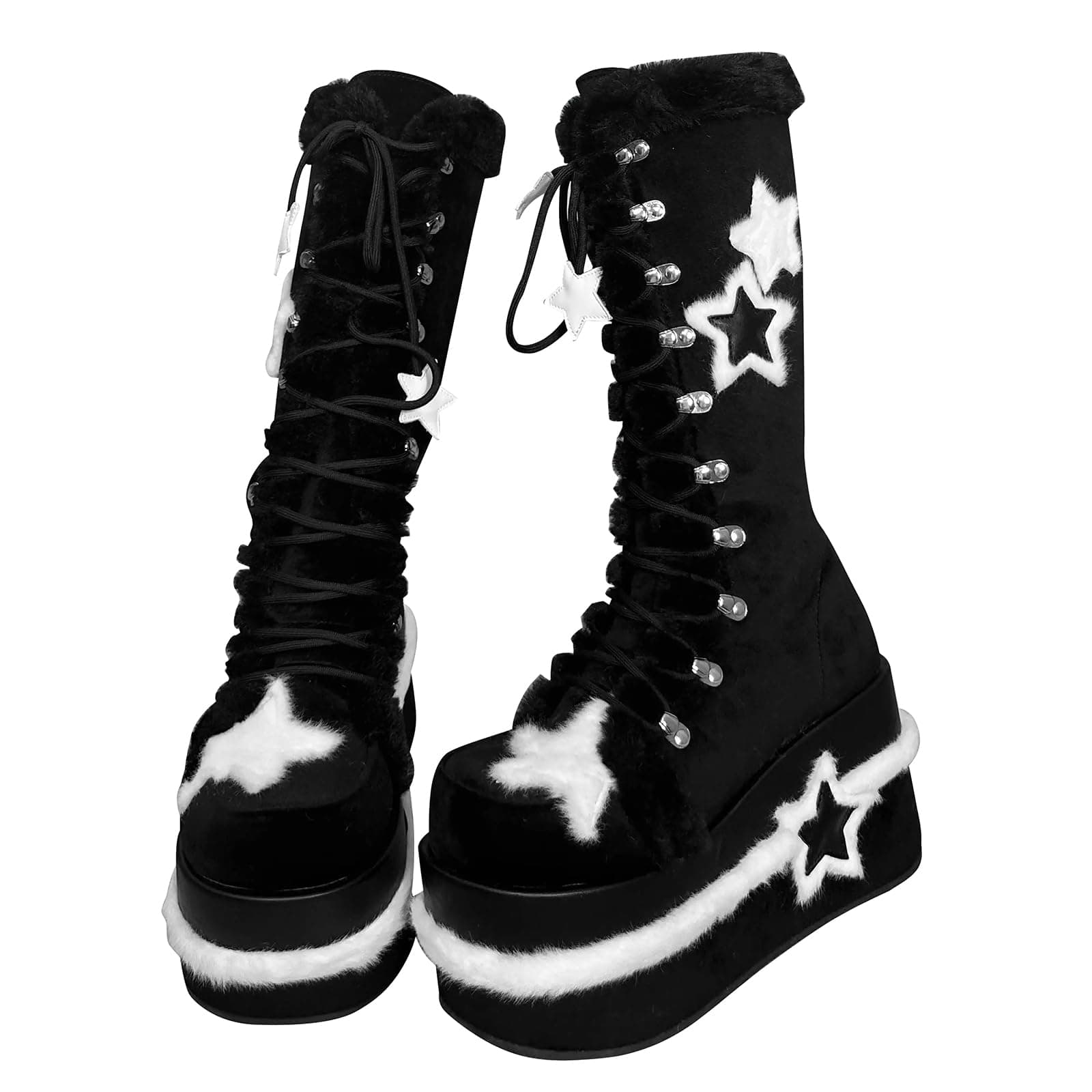 GURURU Warm Fur Punk Goth Mid Calf Boot with Star Heel