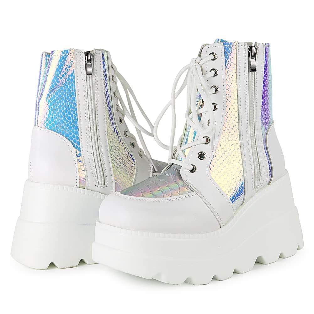 UOQAPRE Women's High Heel Combat Boots Square Toe Lace-Up Ankle Booties