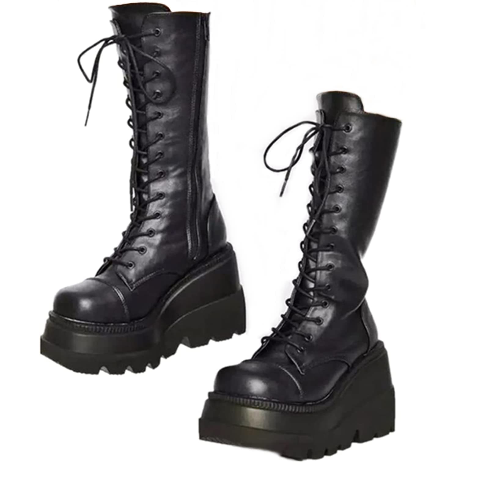 UOQAPRE Women's Winter Punk Chunky Mid-Calf Booties Heel Side Zip Rounds Toe