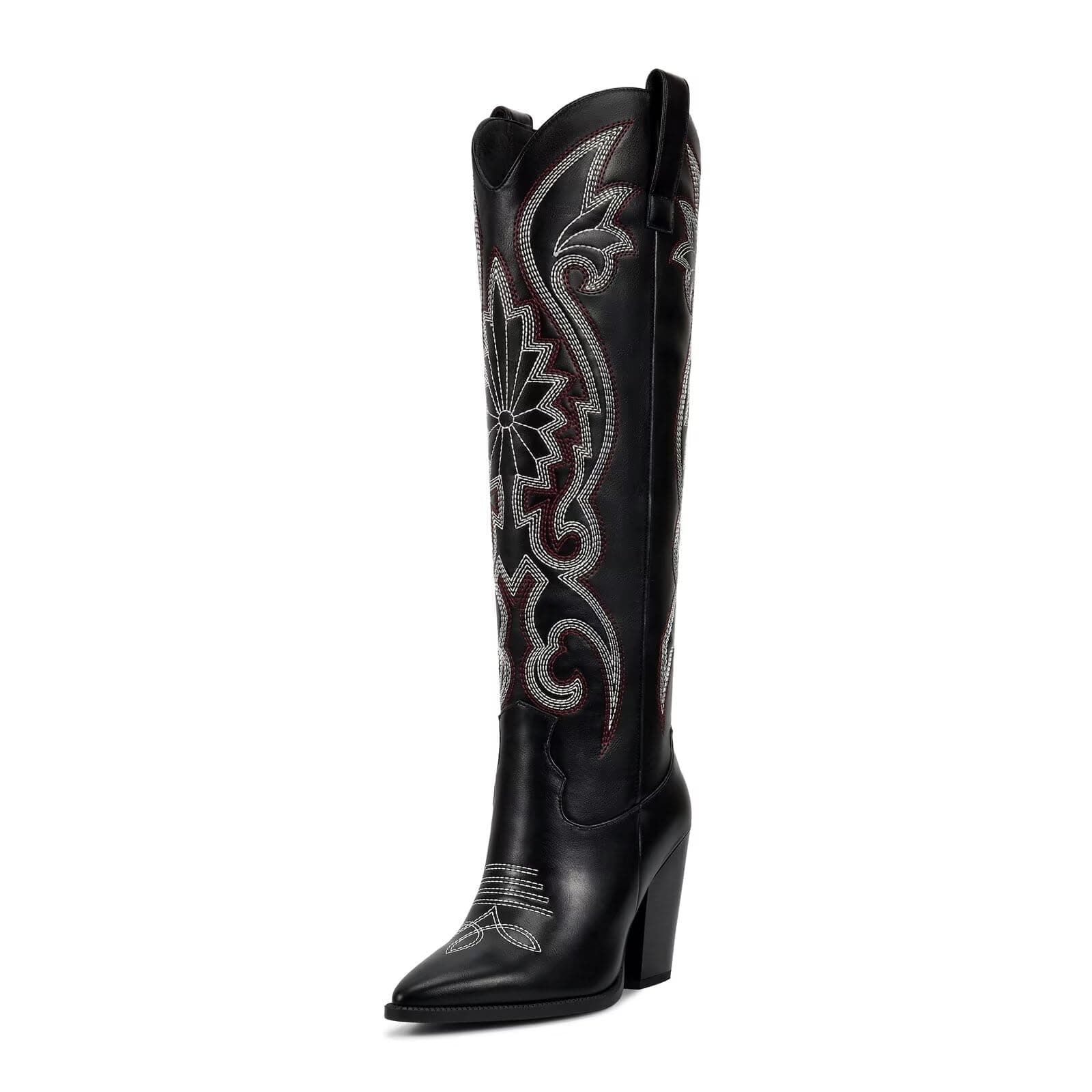 ISNOM Women's Cowboy Knee High Embroidered Pointed Toe Boots