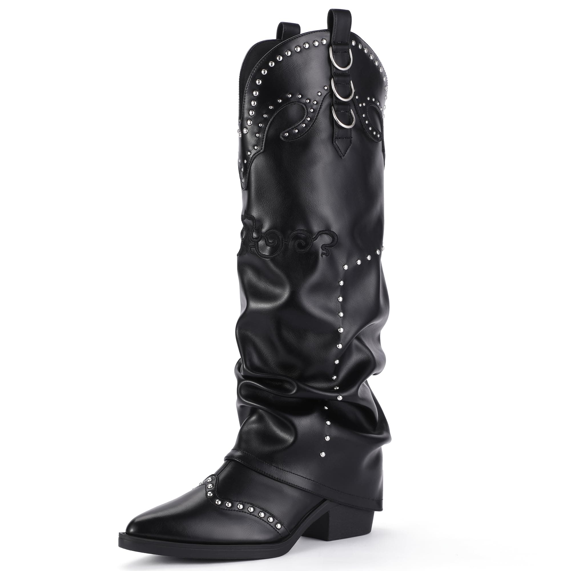 IDIFU IN2 Fold Over Cowboy Boots - Women's Western Embroidered Knee High Heel