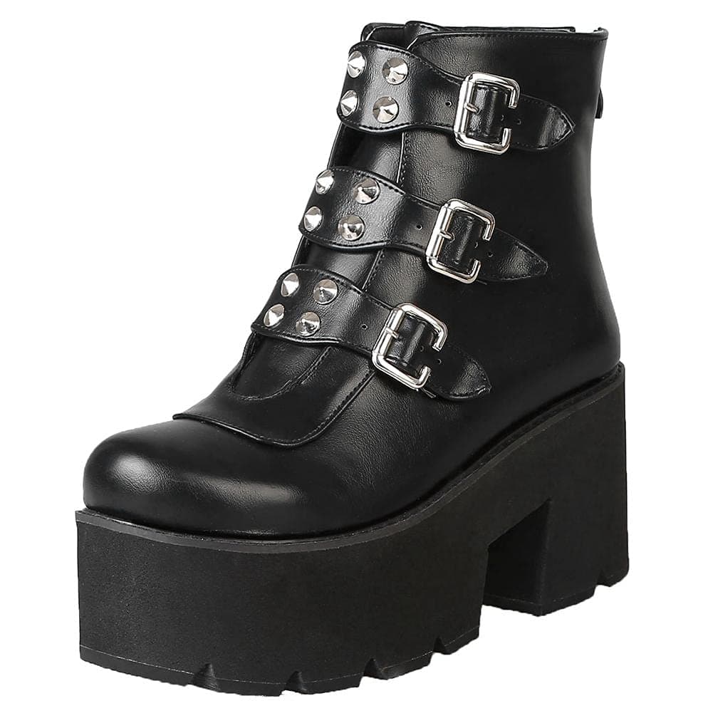 Gothic Zipper Studded Ankle Boots for Women, Chunky Heel Platform Booties