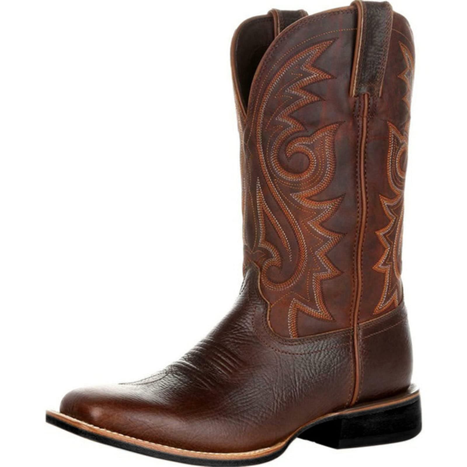 Retro Western Cowboy Boots for Menchunky Heel Pull-On Leather Toe Embroidery