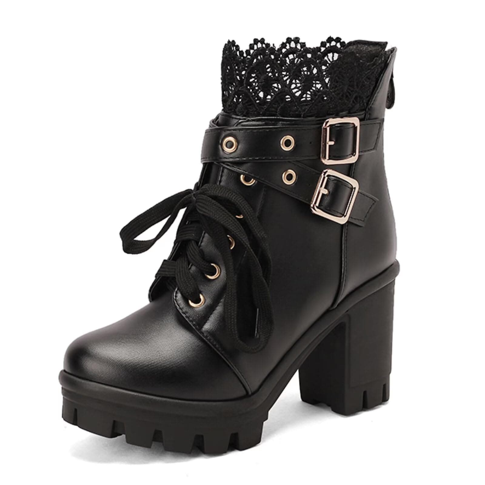 MEOTINA Goth Chunky Platform Ankle Boots with Lace and Buckle
