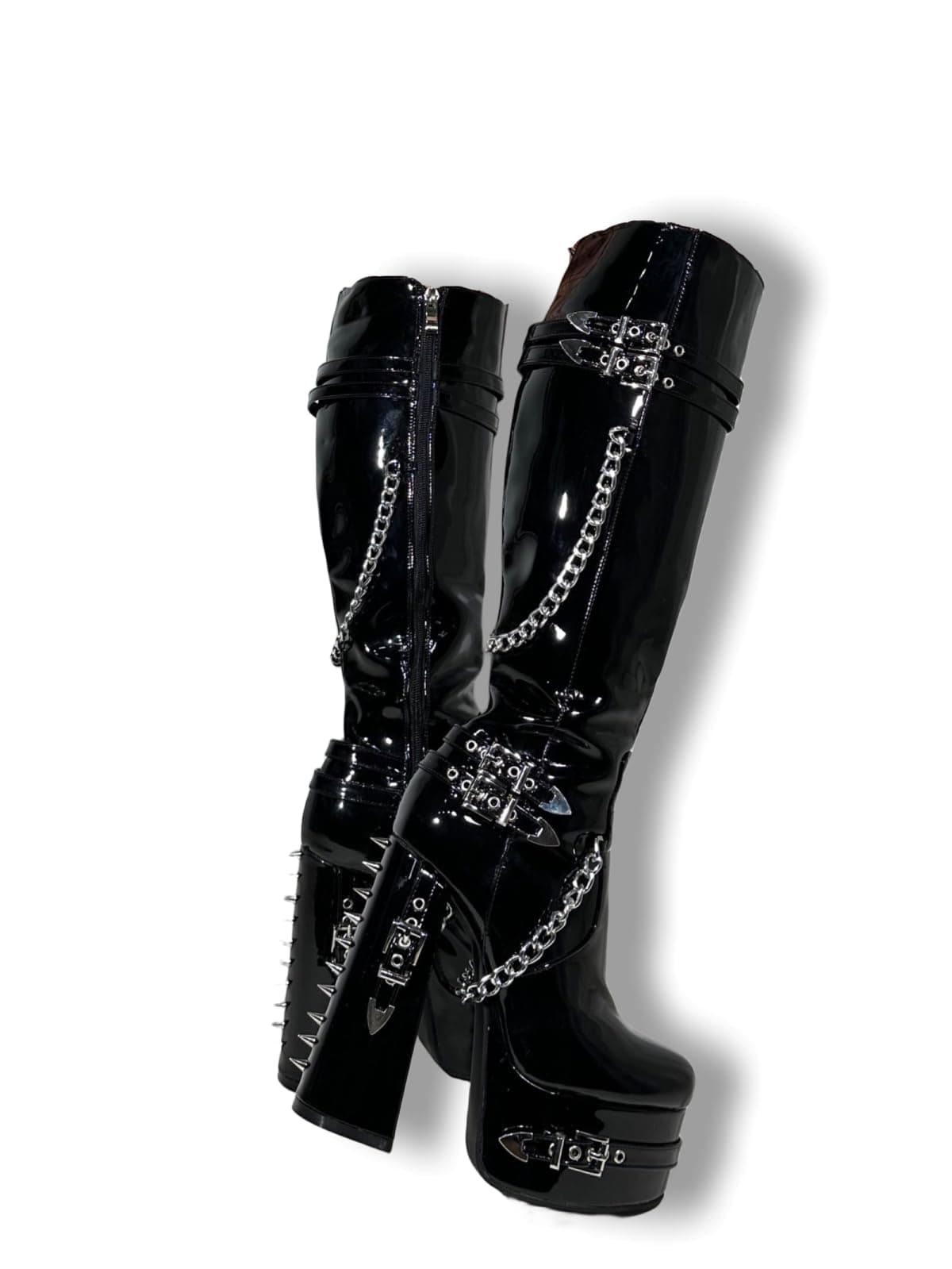 Frankie Hsu Black Patent Gothic Chunky Platform Heeled Boots Silver Chain Rivets