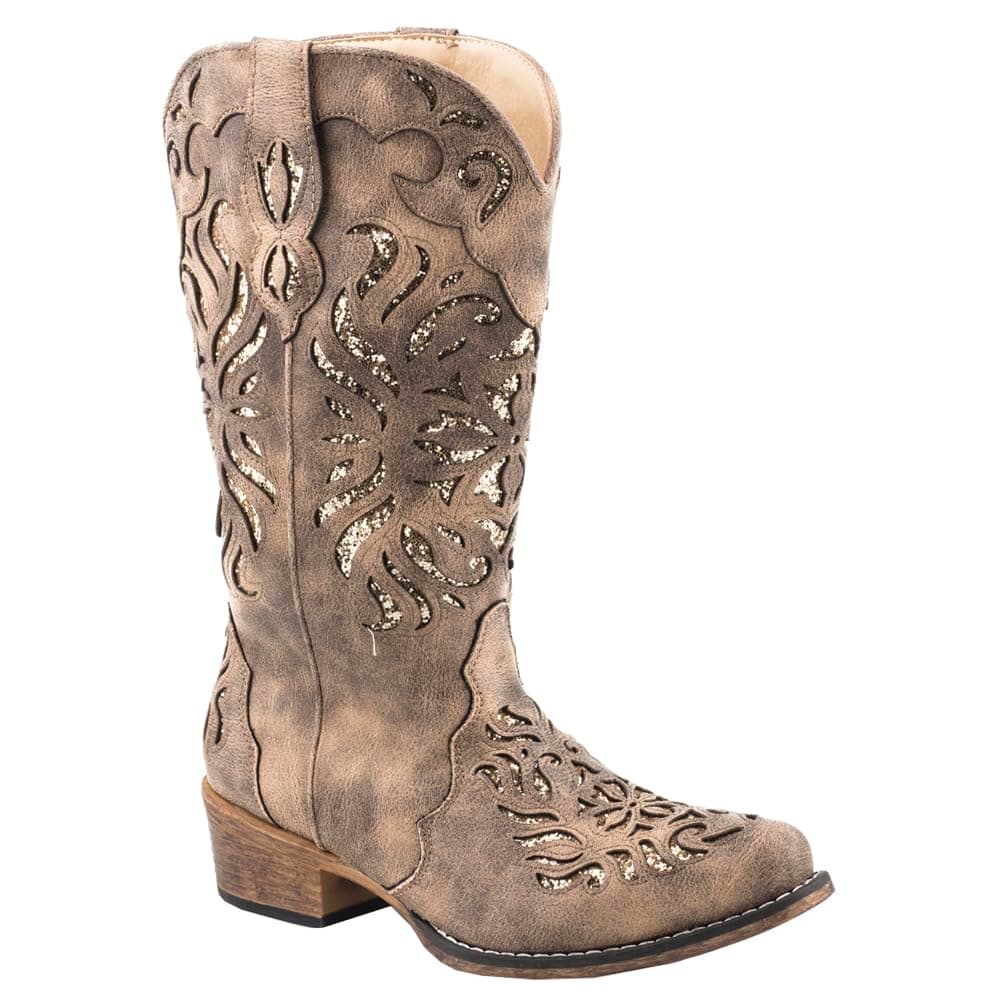 Roper Womens Riley Glitter Inlay Snip Toe Casual Boots - Mid Calf, Off-White