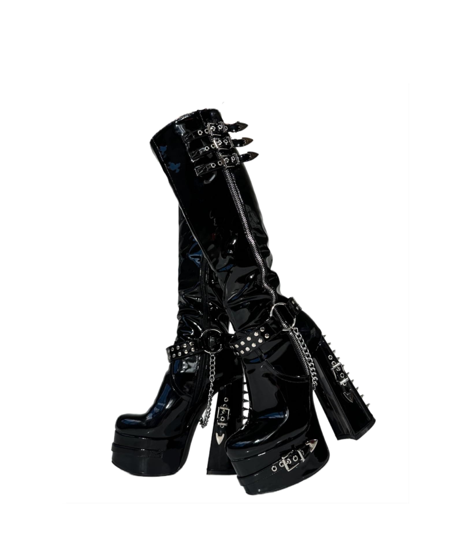 Frankie Hsu Gothic Chunky Platform Boots, Black Patent Silver Chain Buckles