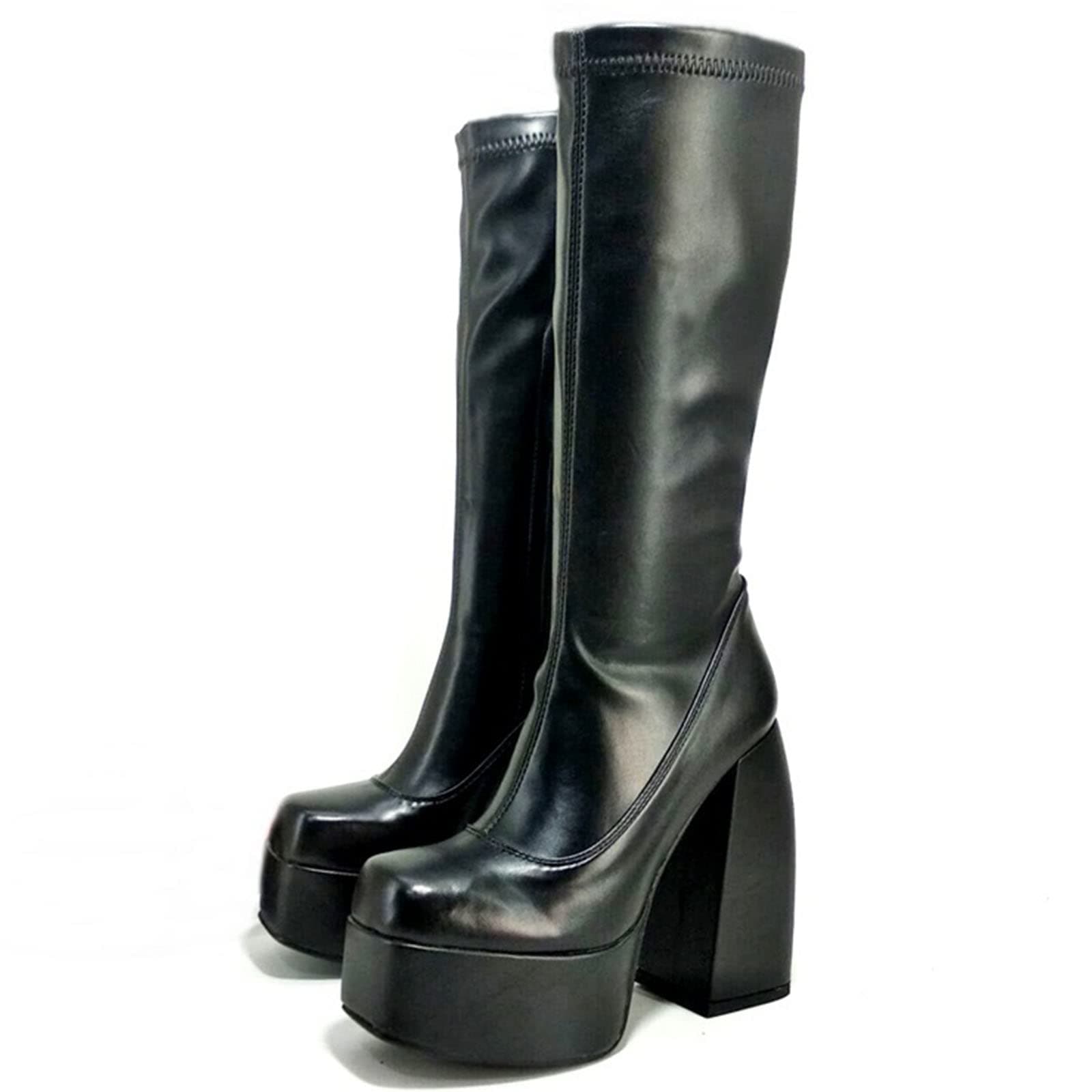 VOMIRA Women's Chunky Heel Square Toe Side Zipper Stretch Pu Leather GoGo Boots