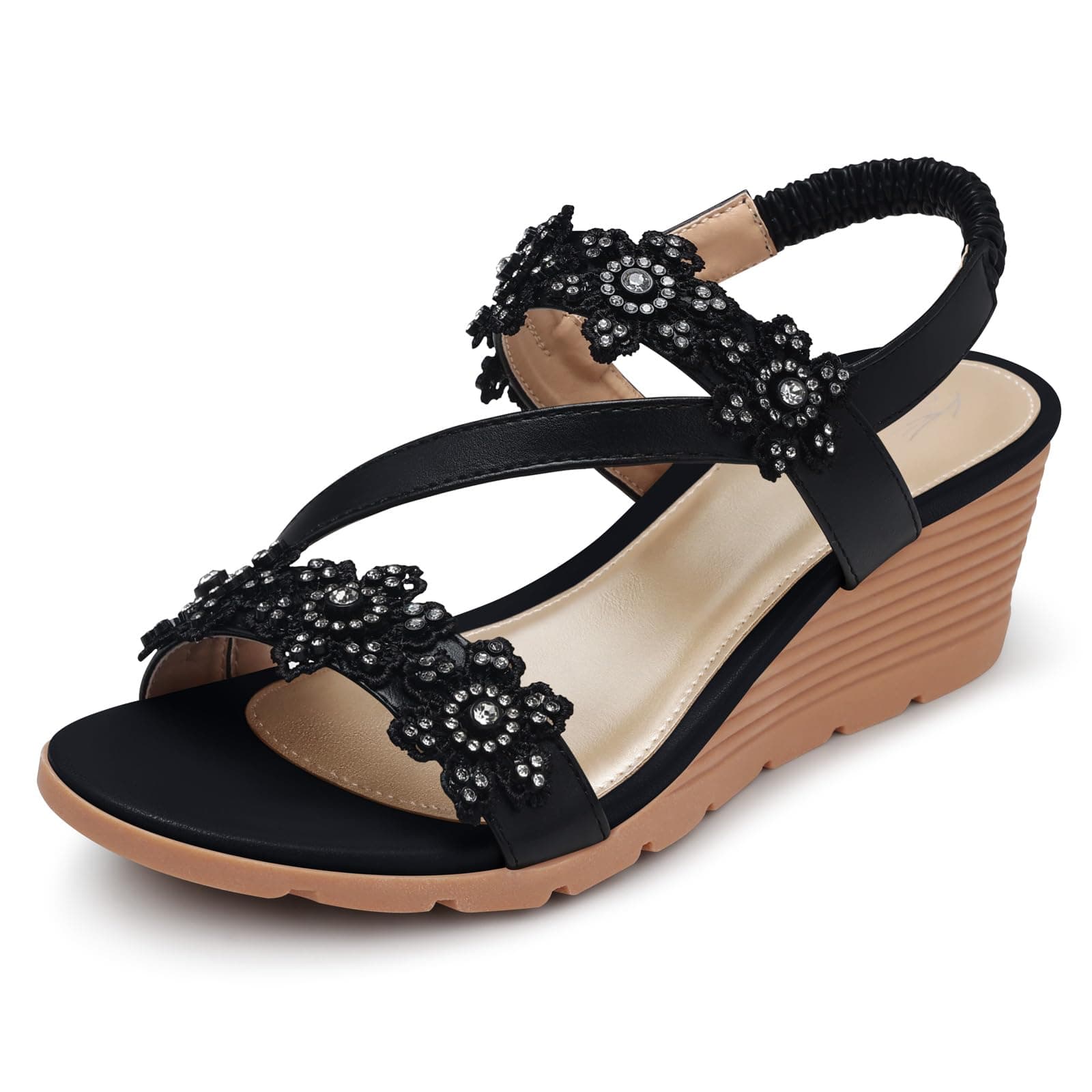 SHIBEVER Women's Comfortable Floral Open Toe Wedge Sandals