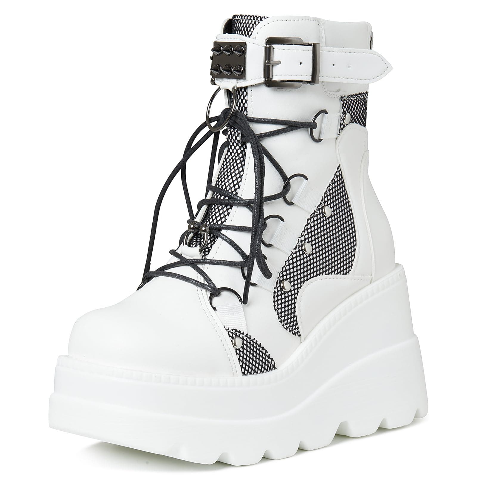 Tscoyuki Women's Chunky High Heel Ankle Boots - Goth Lace-Up Combat Wedges