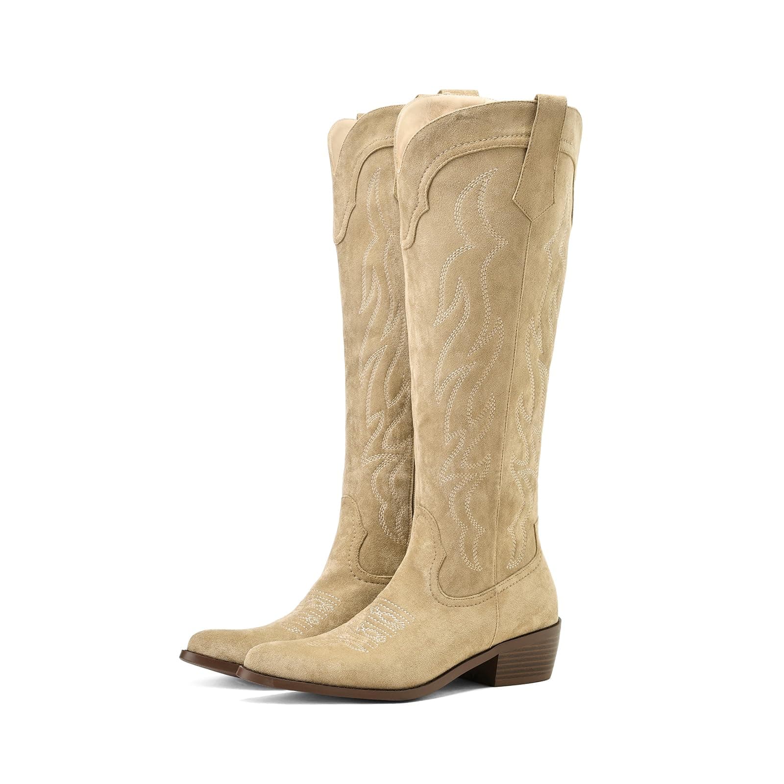 Eurouram Women's Knee High Cowboy Boots - Embroidered Pointed Toe, Wide Calf Heel