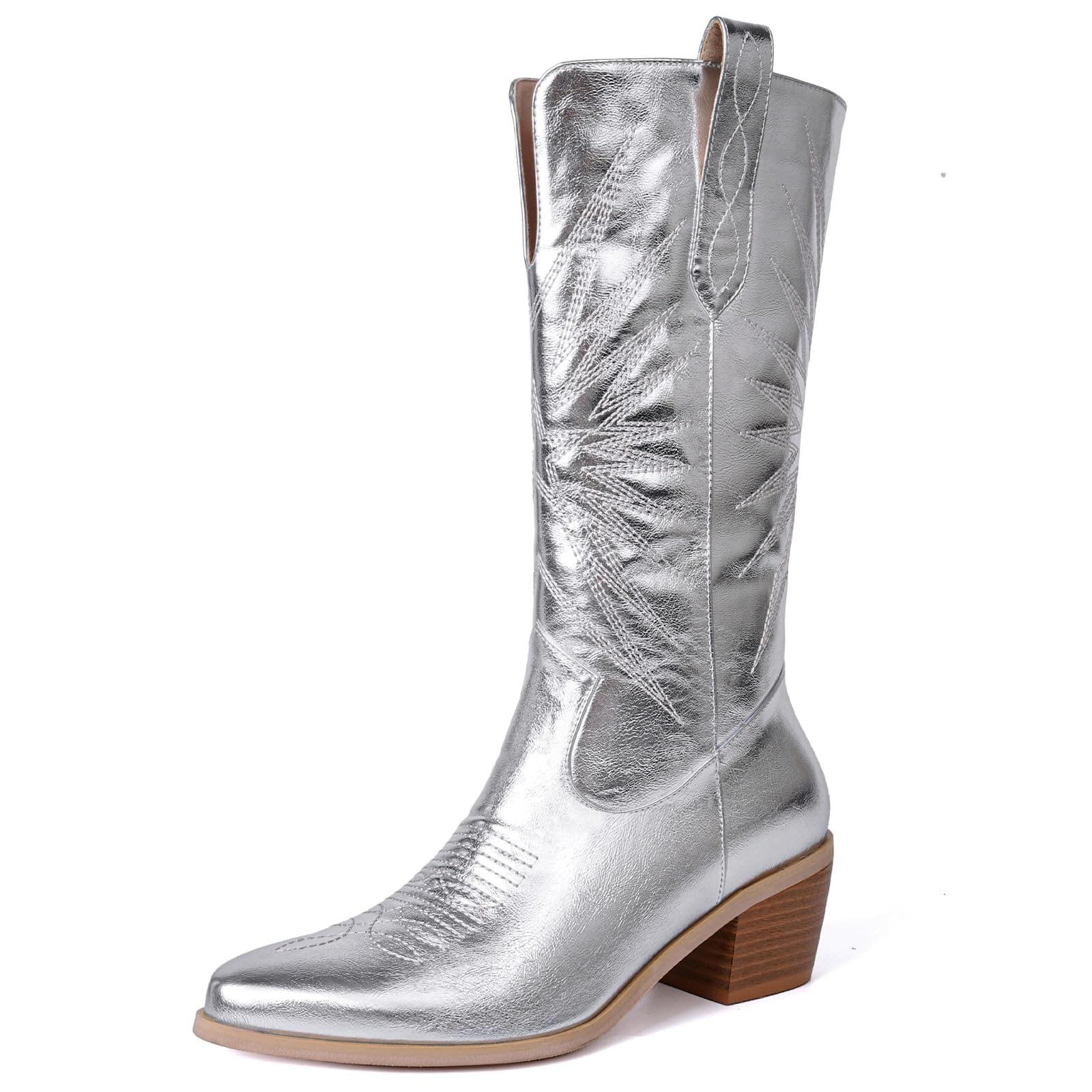 Metallic Cowboy Boots for Women | Pointed Toe Chunky Heel Mid Calf Pull-On