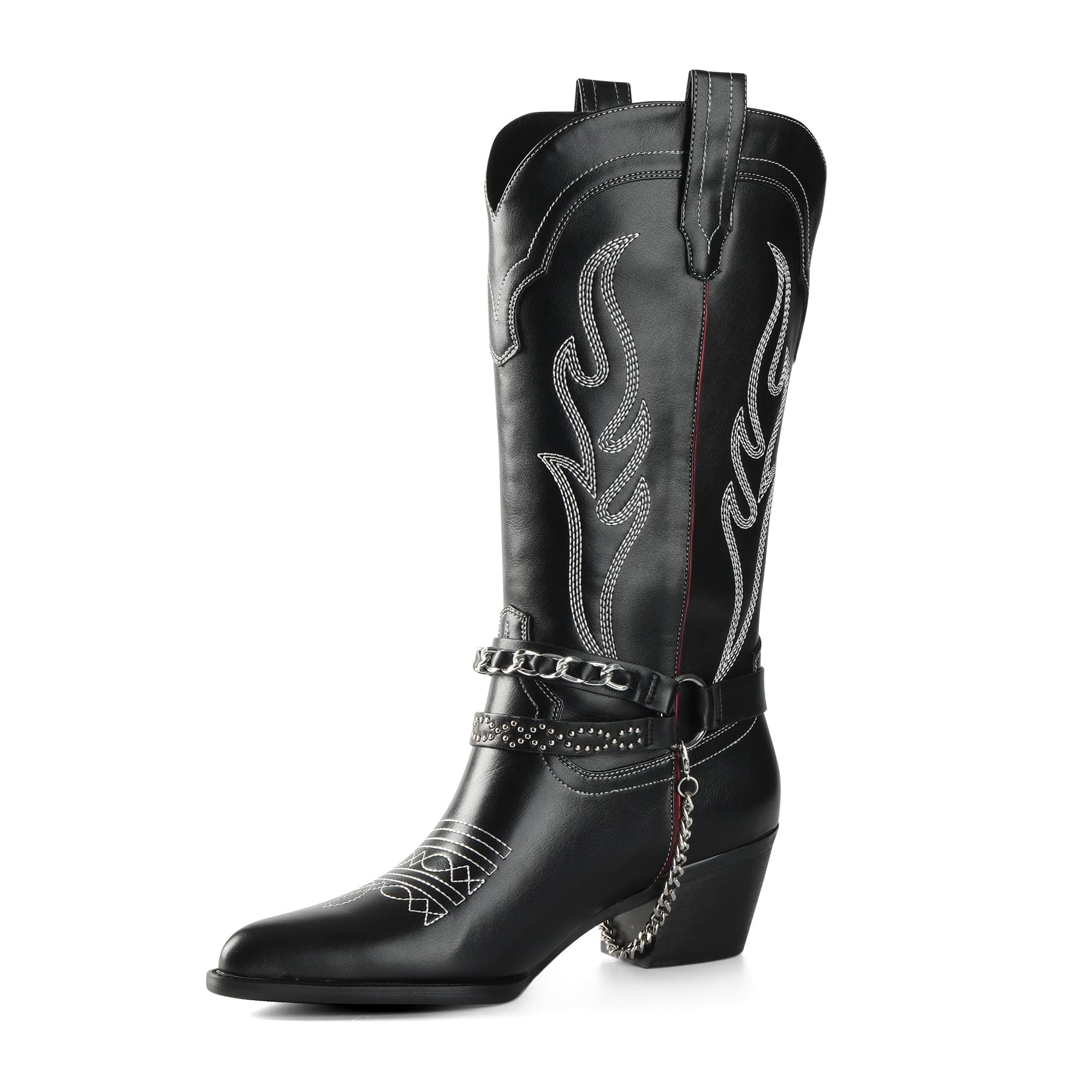 Faux Leather Cowboy Boots for Women with Chain & Embroidery